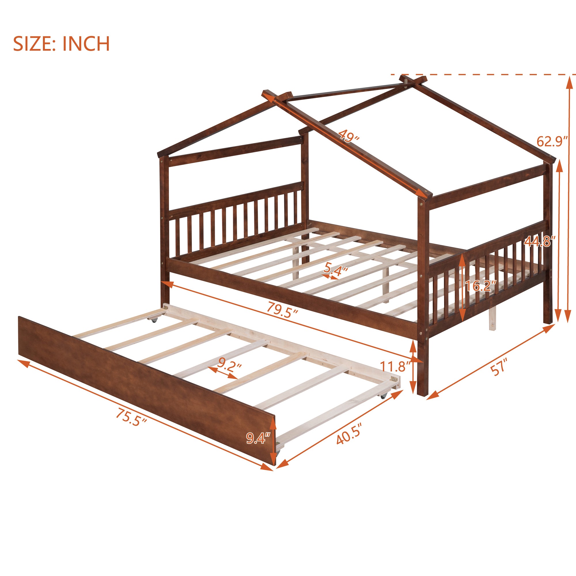 Full Size Wooden House Bed with Twin Size Trundle, Walnut - Atlantic Fine Furniture Melbourne FL