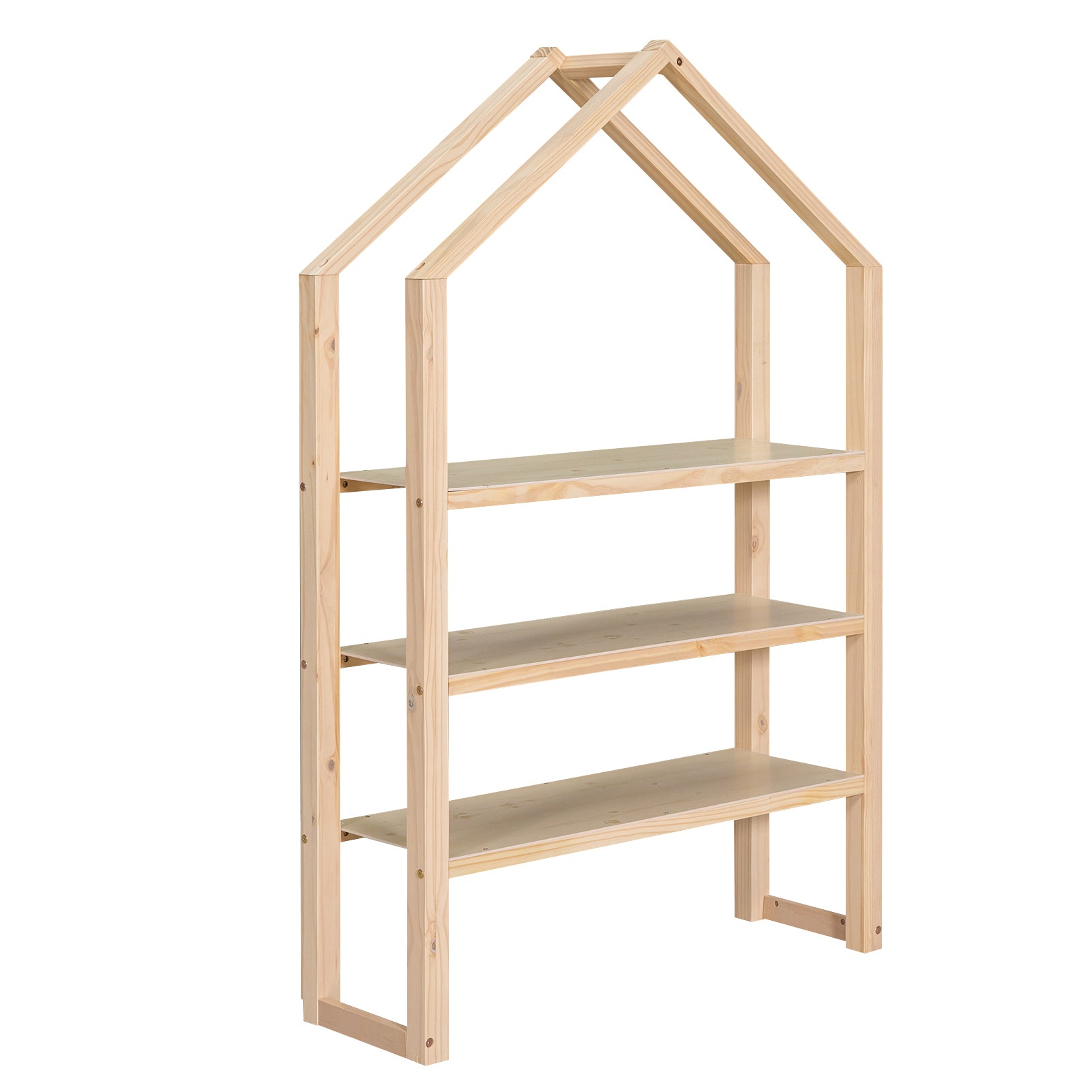 Twin Size Wood House Bed with Fence and Detachable Storage Shelves, Natural - Atlantic Fine Furniture Melbourne FL