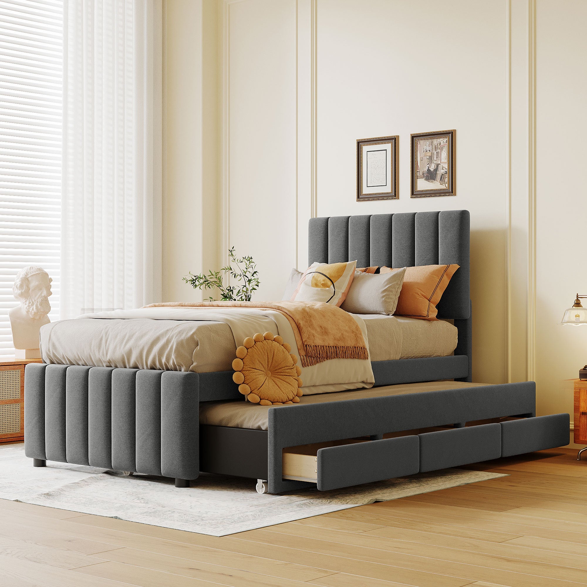 Twin Size Upholstered Platform Bed with Trundle and 3 Drawers, Linen Fabric, Gray - Atlantic Fine Furniture Melbourne FL