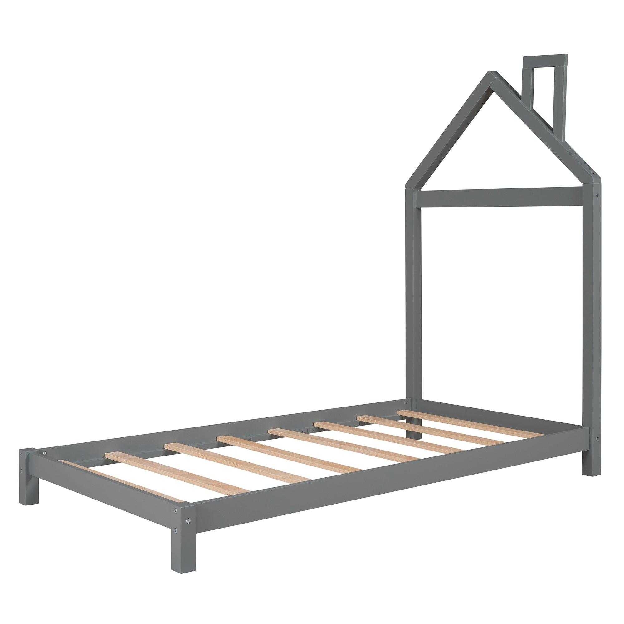 Twin Size Wood Platform Bed with House-shaped Headboard (Gray) - Atlantic Fine Furniture Melbourne FL