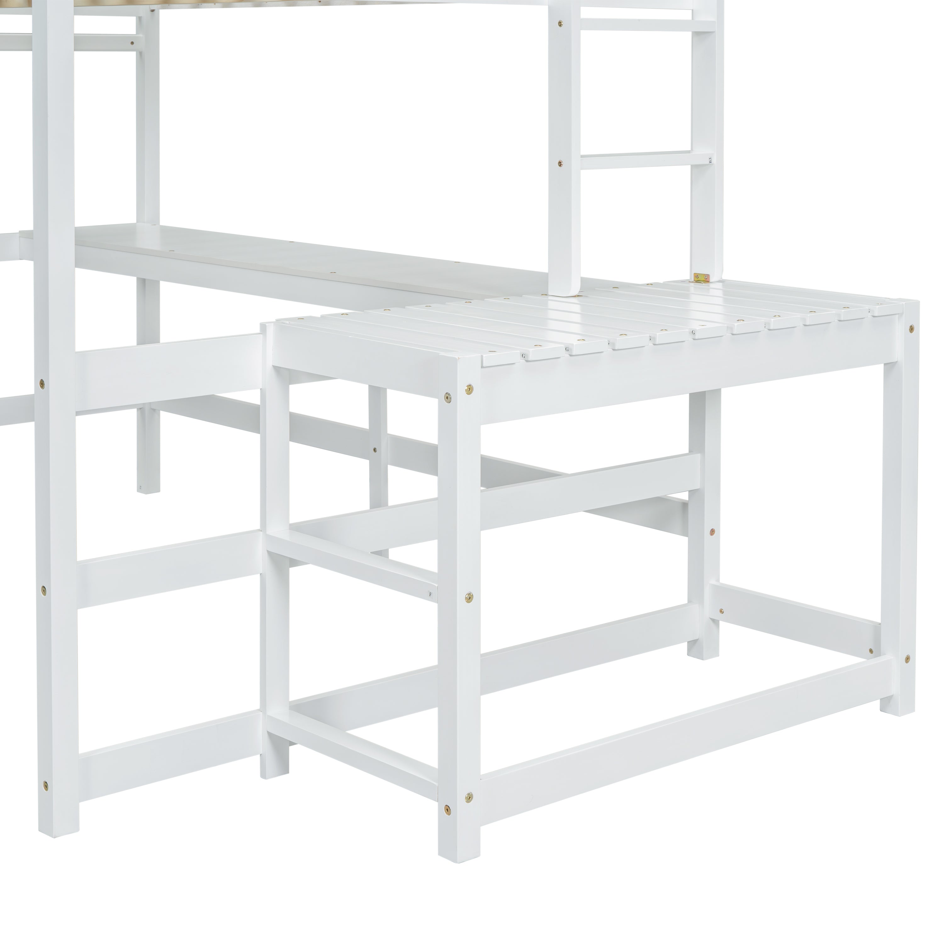 Full Loft Bed with Built-in Desk, Ladder Platform, Ladders, Guardrails,White