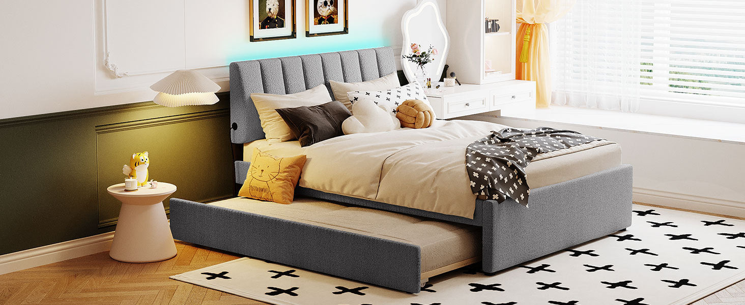 Teddy Fleece Full Size Upholstered Platform Bed with Trundle, Gray - Atlantic Fine Furniture Melbourne FL