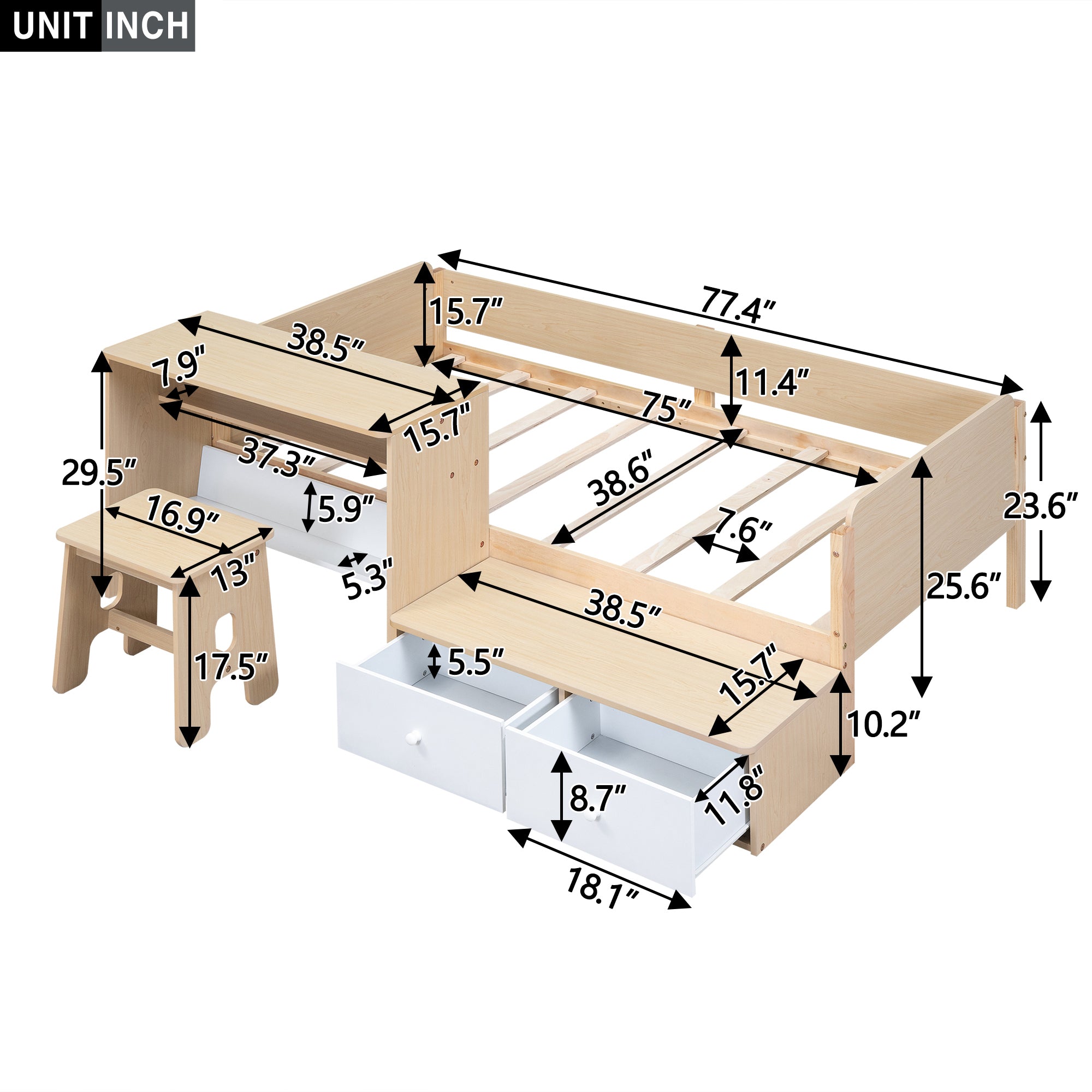 Wood Twin Size Platform Bed with 2 Drawers and 1 Chair&Desk Set, Natural+White - Atlantic Fine Furniture Melbourne FL