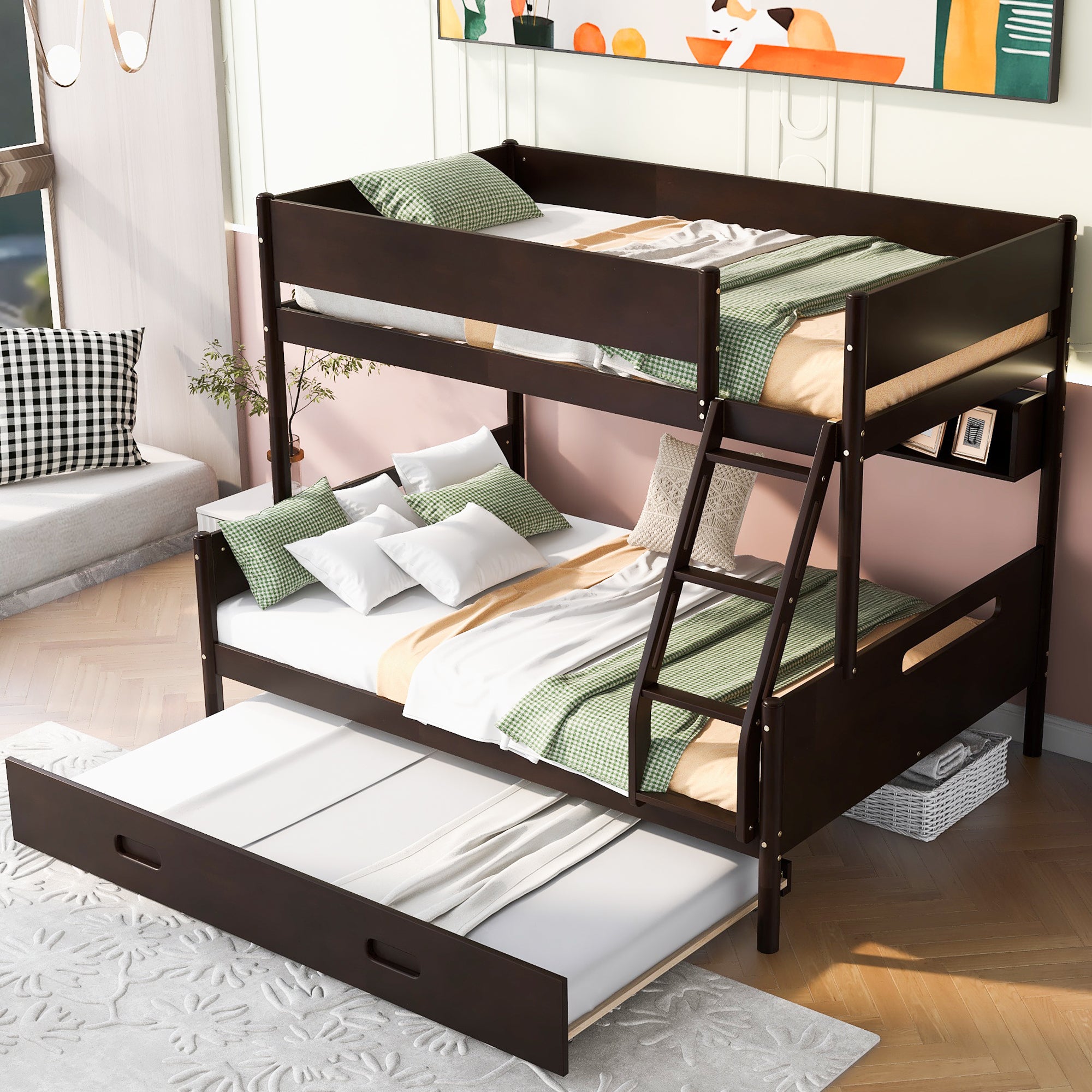 Wood Twin over Full Bunk Bed with Storage Shelves and Twin Size Trundle, Espresso - Atlantic Fine Furniture Melbourne FL