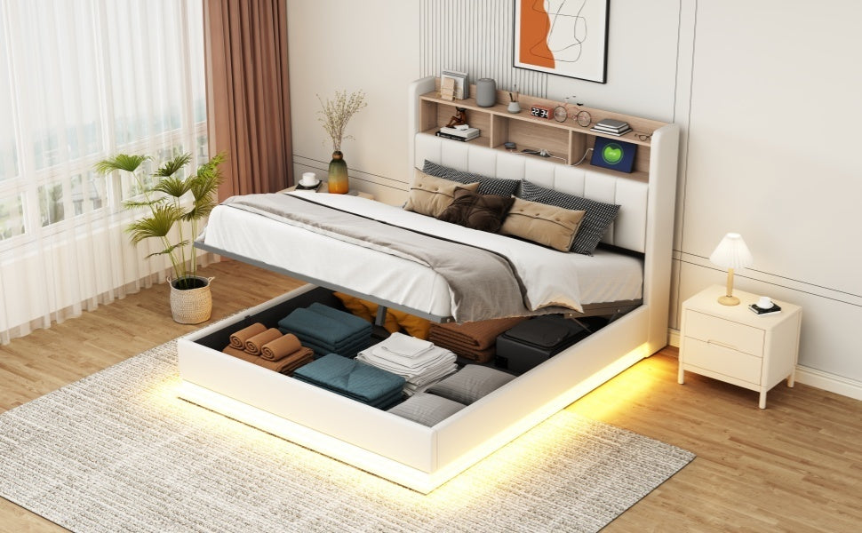 Queen Size Upholstered Platform Bed with Storage Headboard and Hydraulic Storage System, PU Storage Bed with LED Lights and USB charger, White - Atlantic Fine Furniture Melbourne FL