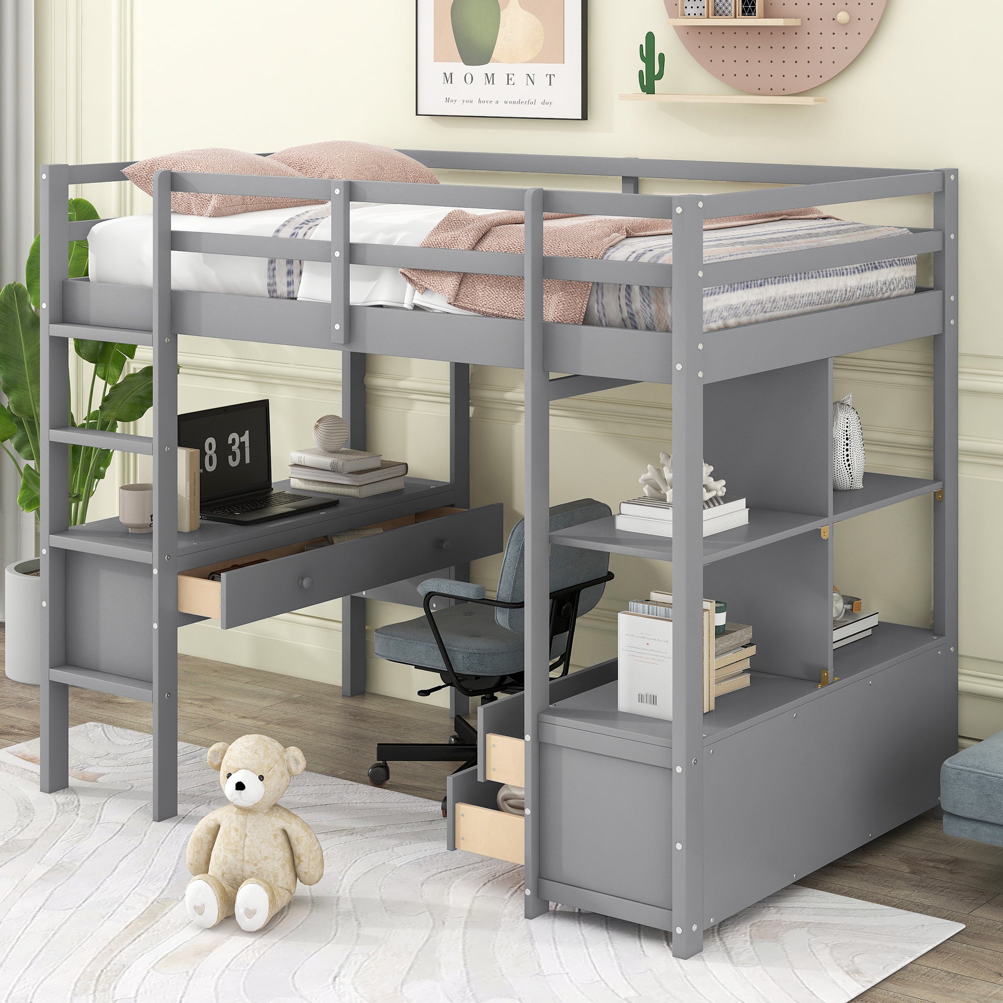Twin Size Loft Bed with Built-in Desk with Two Drawers, and Storage Shelves and Drawers,Gray