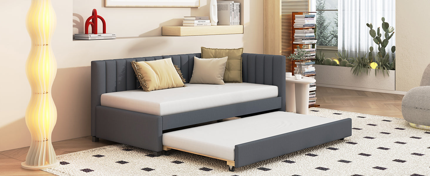 Upholstered Daybed with Trundle Twin Size Sofa Bed Frame No Box Spring Needed, Linen Fabric(Gray) - Atlantic Fine Furniture Melbourne FL
