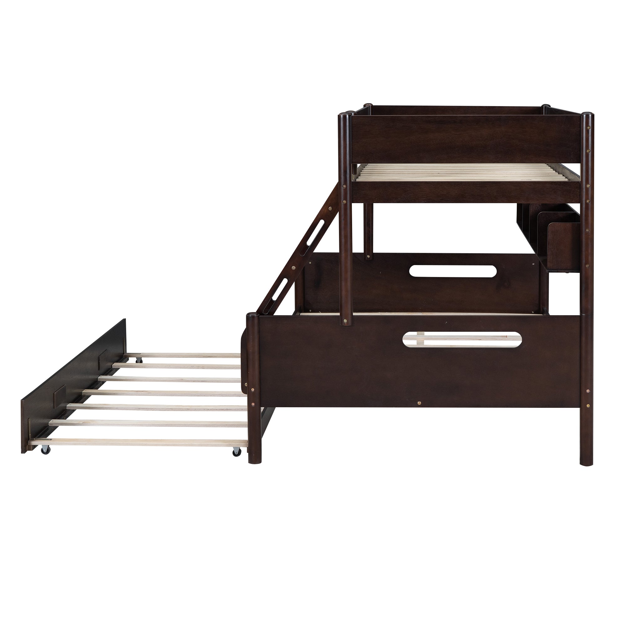 Wood Twin over Full Bunk Bed with Storage Shelves and Twin Size Trundle, Espresso - Atlantic Fine Furniture Melbourne FL