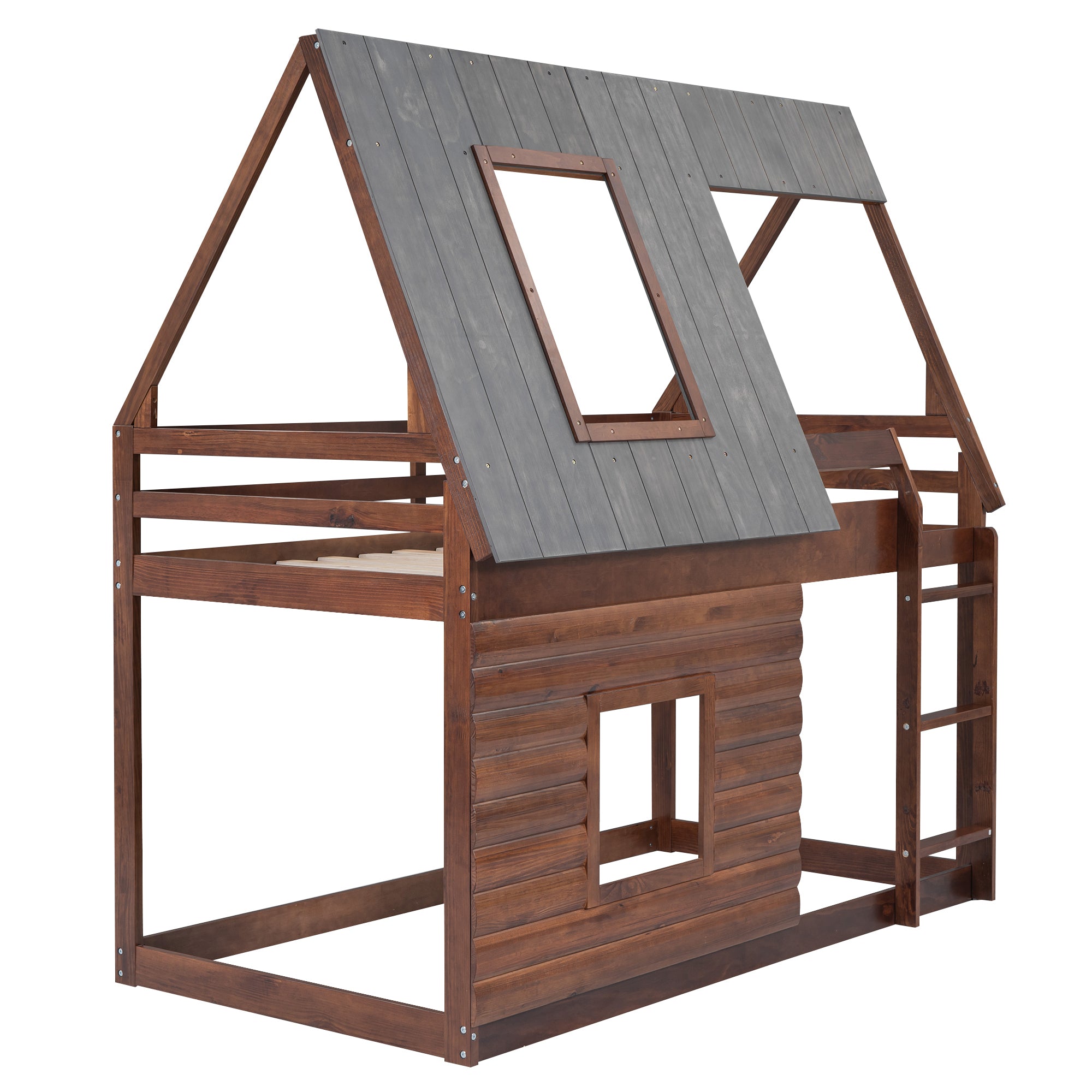 Wood Twin Size House Bunk Bed with Roof, Ladder and 2 Windows, Oak & Smoky Grey - Atlantic Fine Furniture Melbourne FL