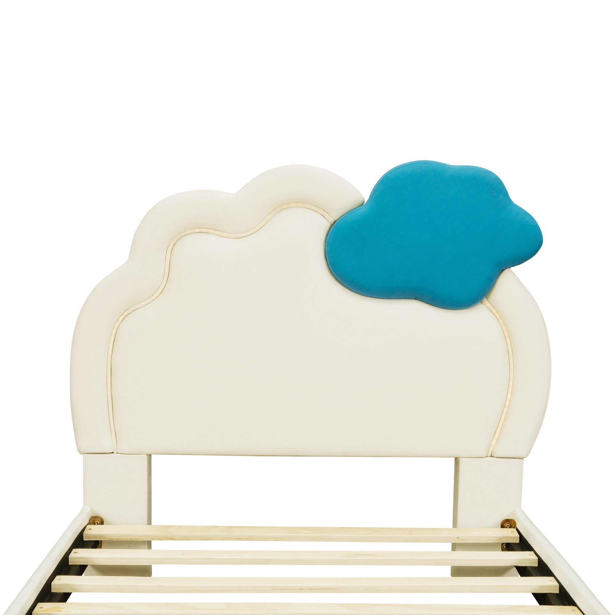 Twin Size Upholstered Platform Bed with Cloud-Shaped Headboard and Embedded Light Stripe, Velvet, Beige - Atlantic Fine Furniture Melbourne FL