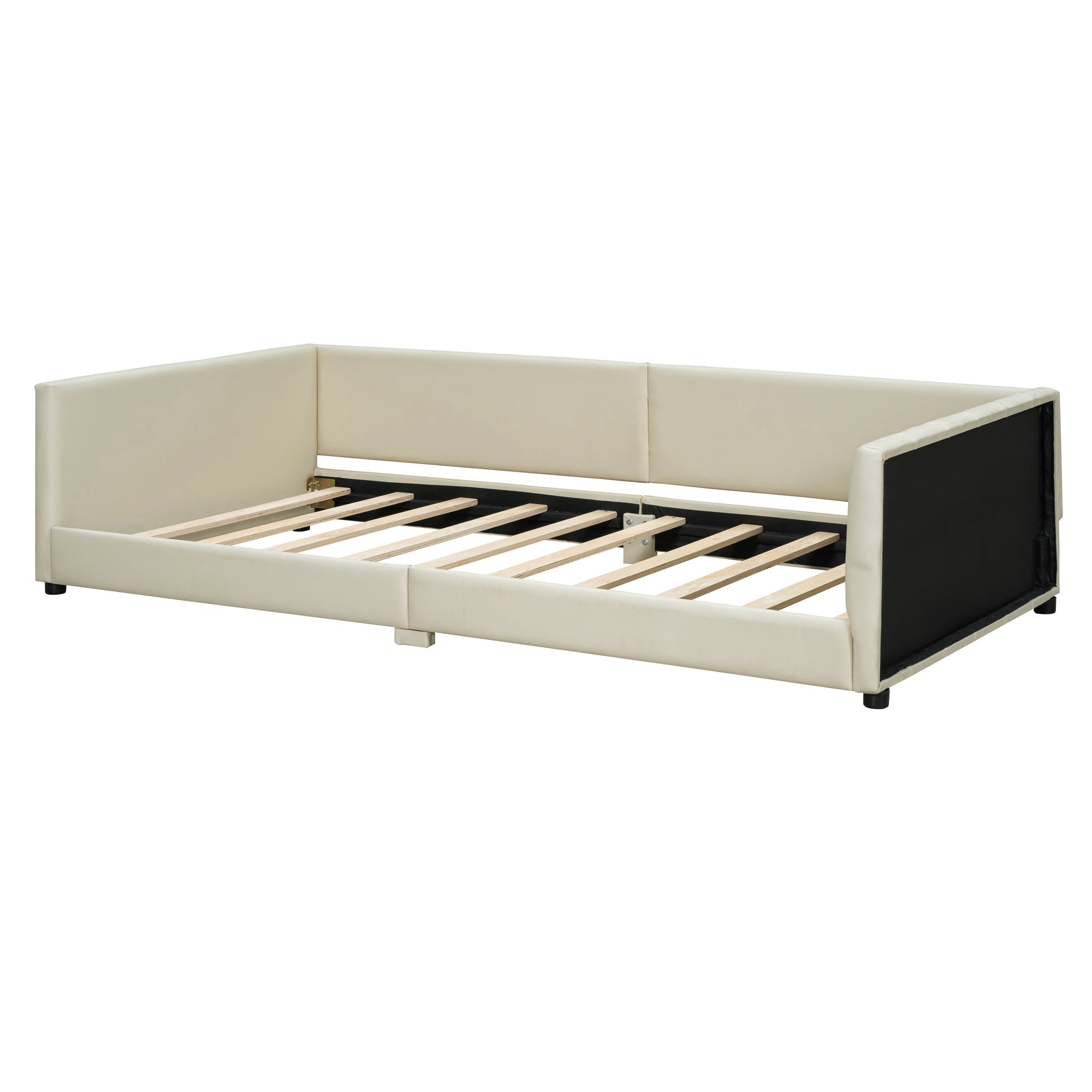 Queen Size & Twin XL Size Upholstered Platform Bed, Mother & Child Bed, PU Leather, Beige - Atlantic Fine Furniture Melbourne FL