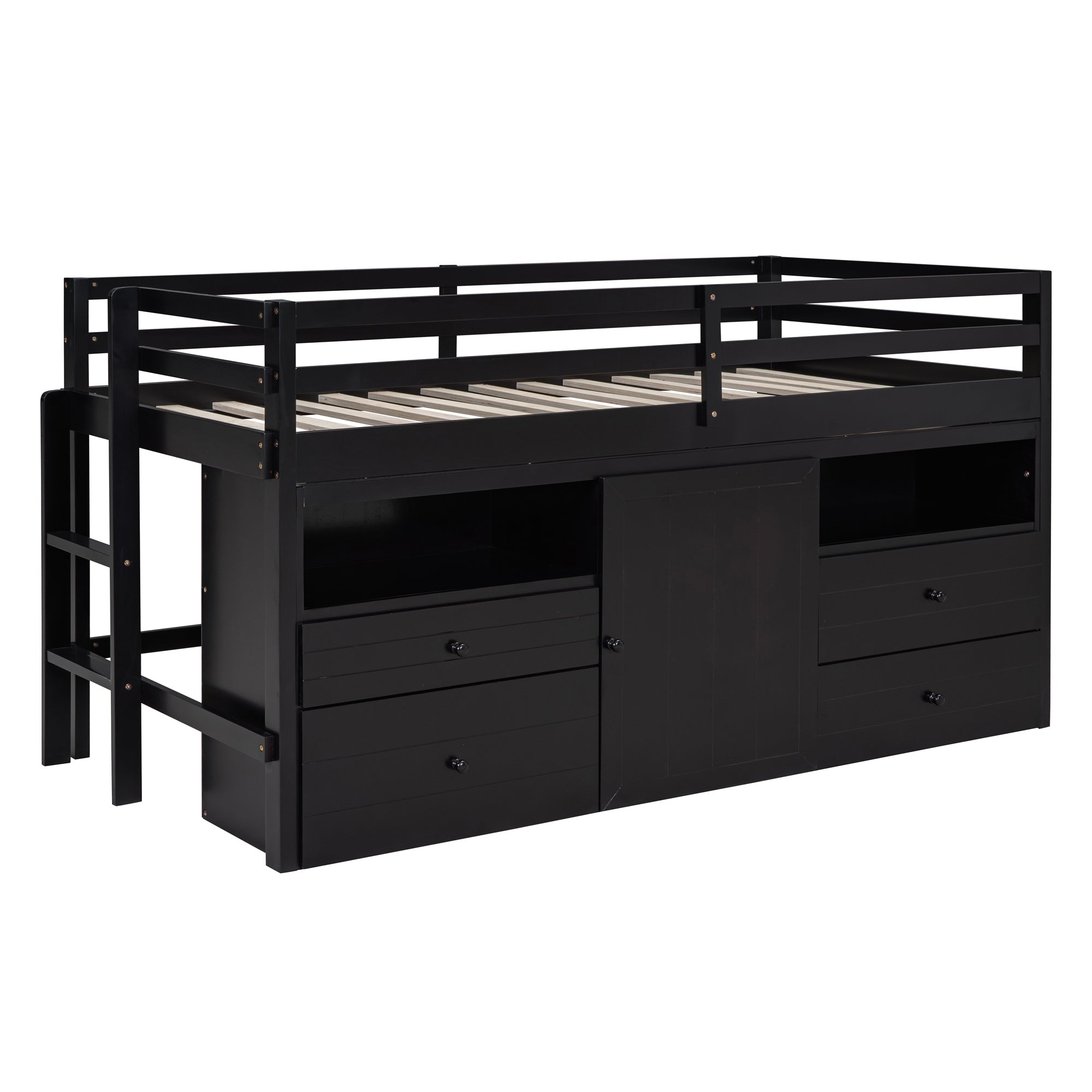 Twin Size Loft Bed with 4 Drawers, Underneath Cabinet and Shelves, Espresso - Atlantic Fine Furniture Melbourne FL