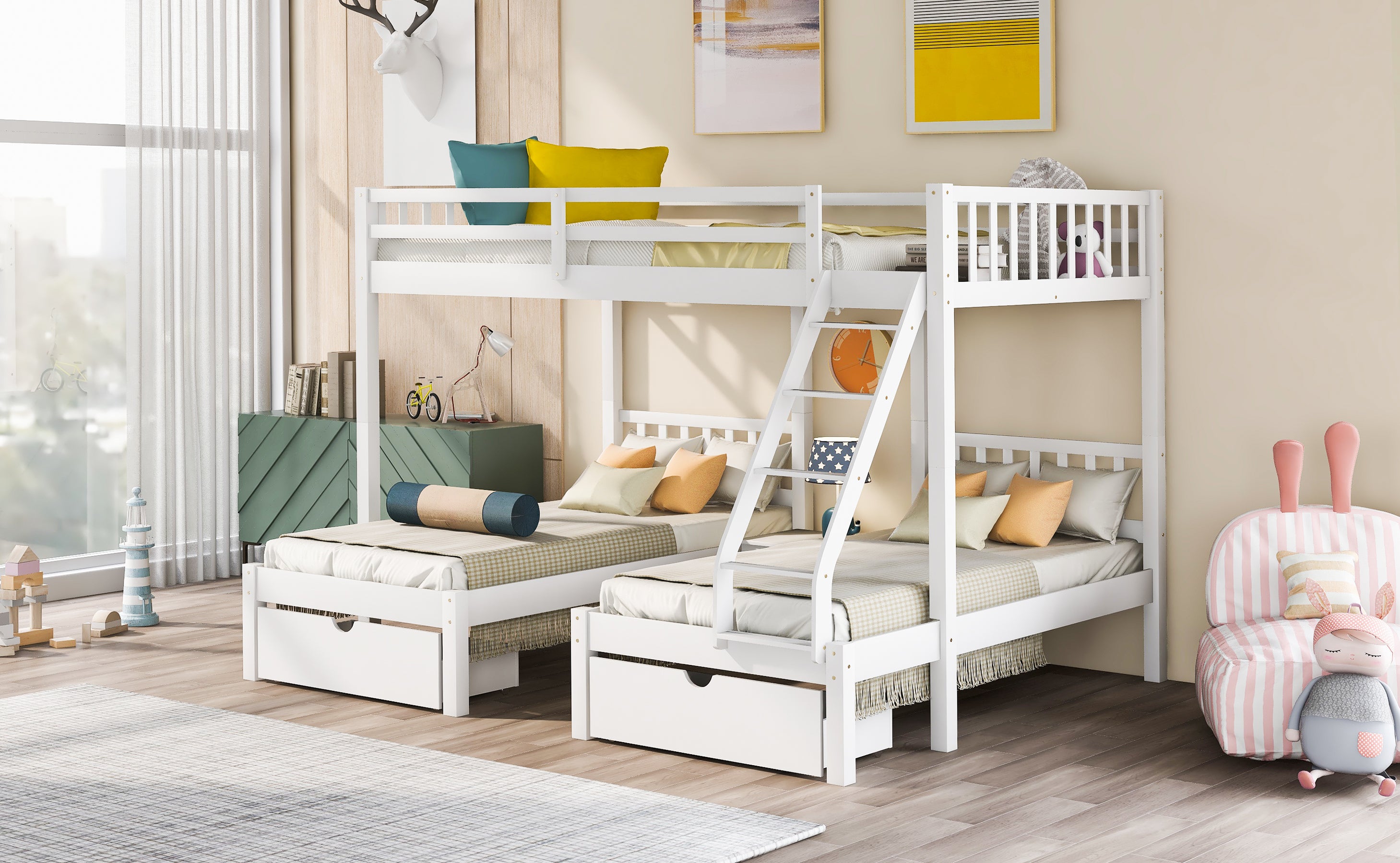 Full Over Twin & Twin Bunk Bed, Wood Triple Bunk Bed with Drawers and Guardrails, White (OLD SKU: LP000143AAK)