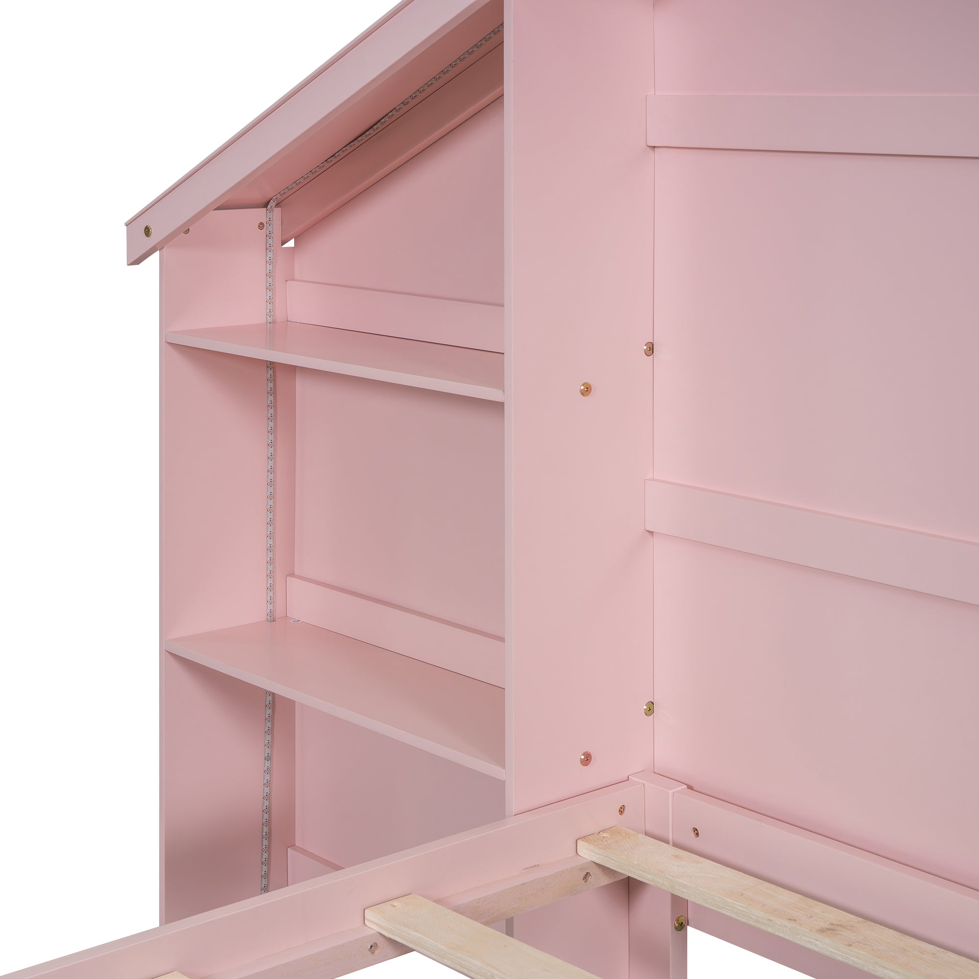 Wood Twin Size Platform Bed with House-shaped Storage Headboard and Built-in LED, Pink - Atlantic Fine Furniture Melbourne FL
