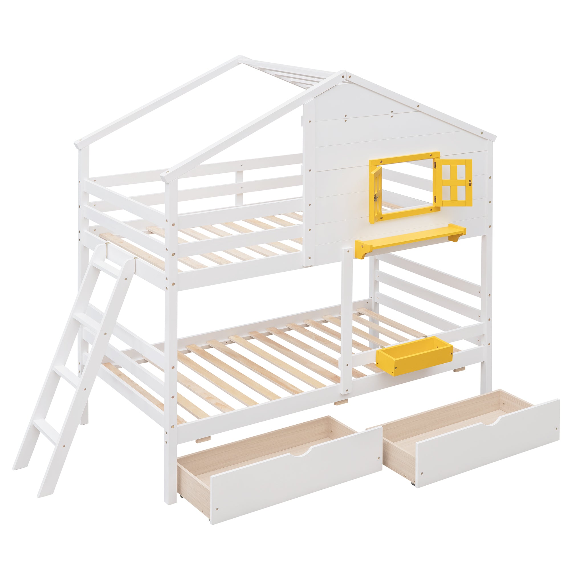 Twin over Twin Bunk Bed with 2 Drawers, 1 Storage Box, 1 Shelf, Window and Roof-White(OLD SKU:LT000608AAK) - Atlantic Fine Furniture Melbourne FL
