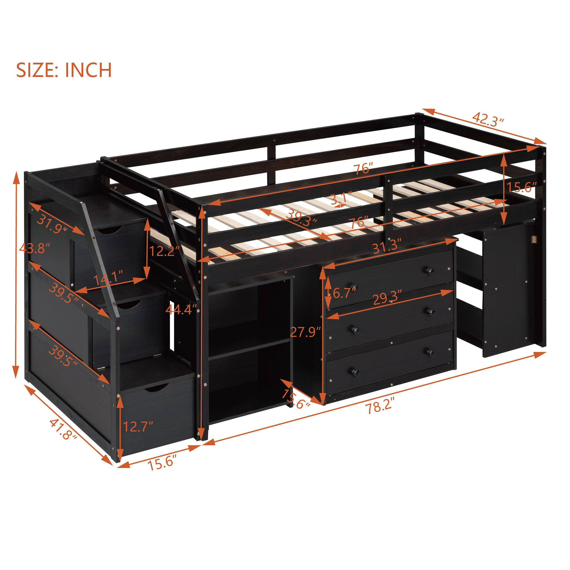 Twin Size Loft Bed with Retractable Writing Desk and 3 Drawers, Wooden Loft Bed with Storage Stairs and Shelves, Espresso - Atlantic Fine Furniture Melbourne FL