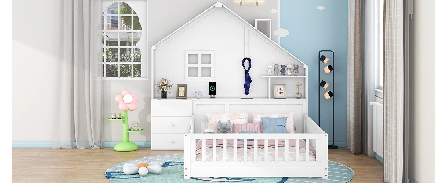 Full Size House Bed with Window and Bedside Drawers, Platform Bed with Shelves and a set of Sockets and USB Port, White