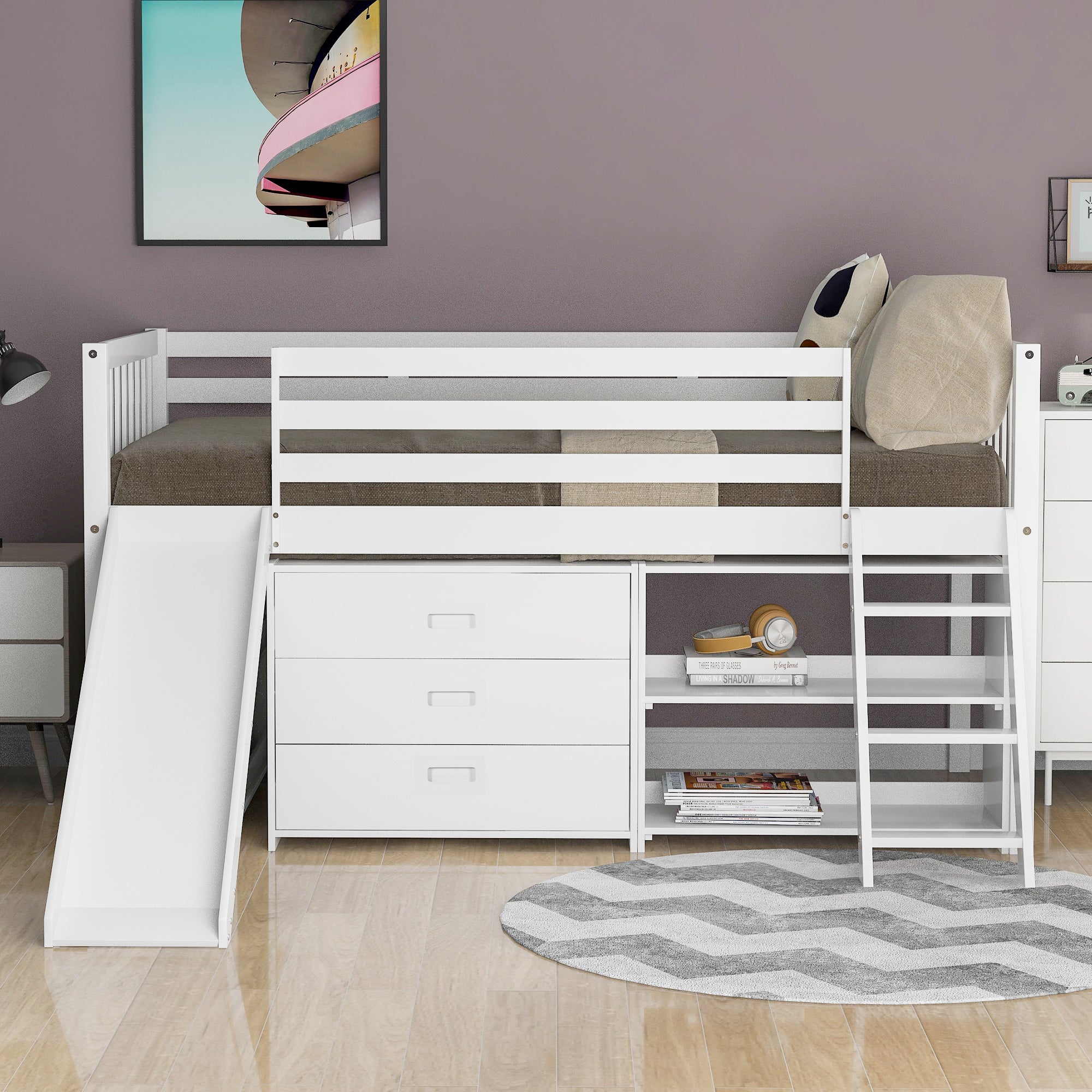 Low Loft Bed with Attached Bookcases and Separate 3-tier Drawers,Convertible Ladder and Slide,Twin,White - Atlantic Fine Furniture Melbourne FL