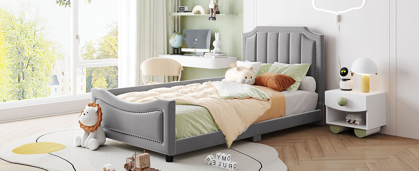 Twin Size Upholstered Daybed with Classic Stripe Shaped Headboard, Gray - Atlantic Fine Furniture Melbourne FL