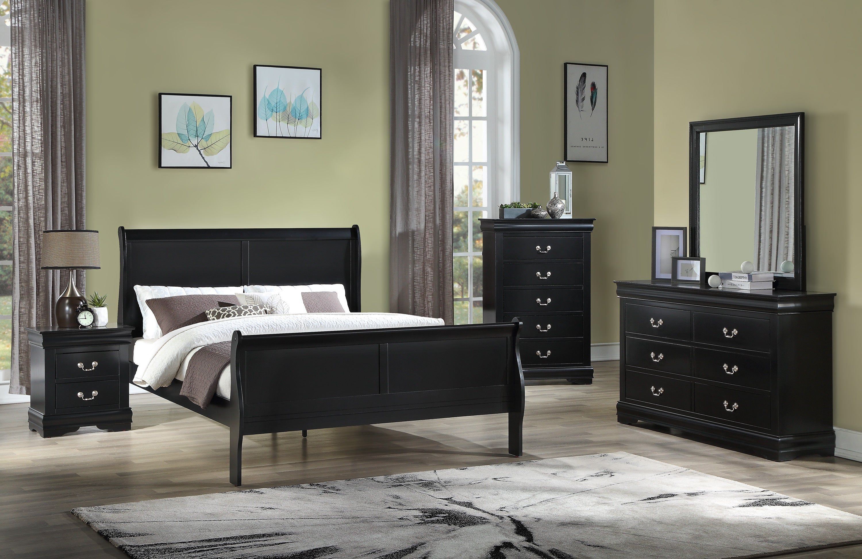 Louis Phillipe Black Finish Queen Size Panel Sleigh Bed Solid Wood Wooden Bedroom Furniture - Atlantic Fine Furniture Melbourne FL