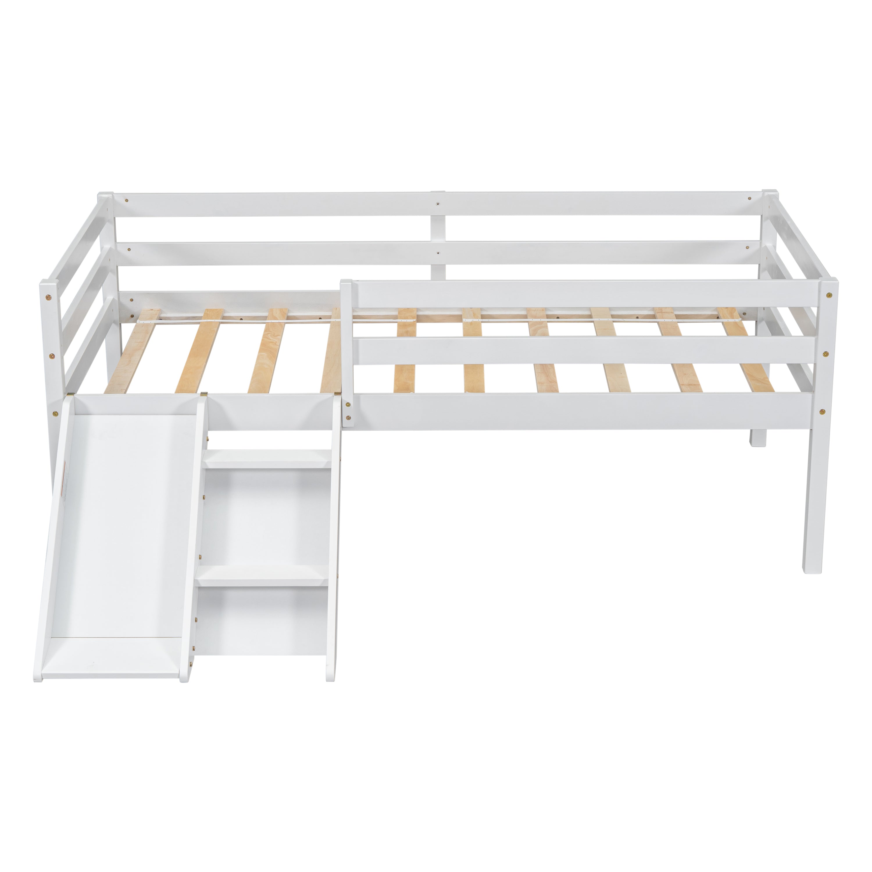 Twin Low Loft Bed with Slide, Ladder, Safety Guardrails, No Box Spring Needed,White