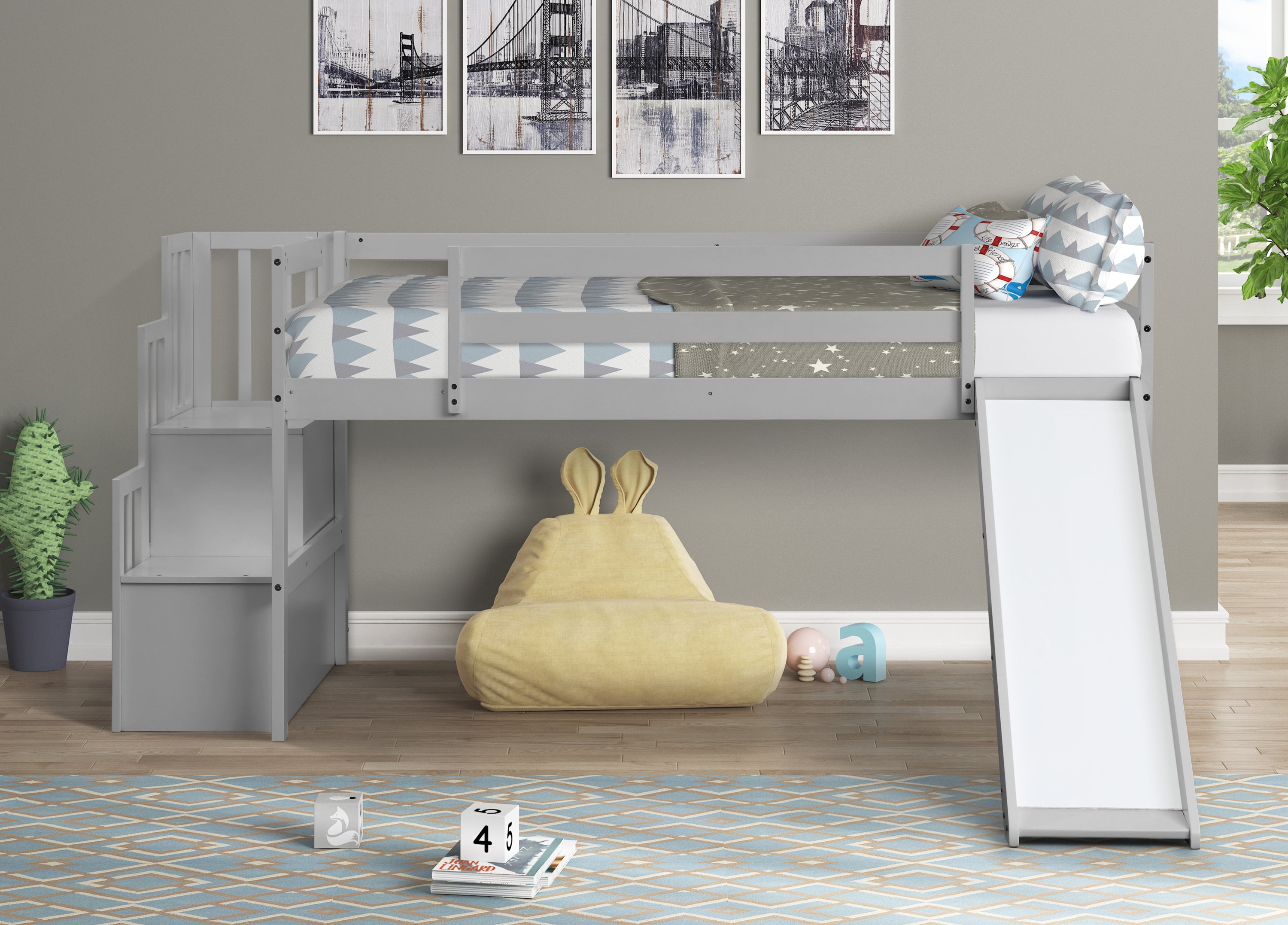 Loft Bed with Staircase, Storage, Slide, Twin size, Full-length Safety Guardrails, No Box Spring Needed, Grey (Old Sku:W504S00005)