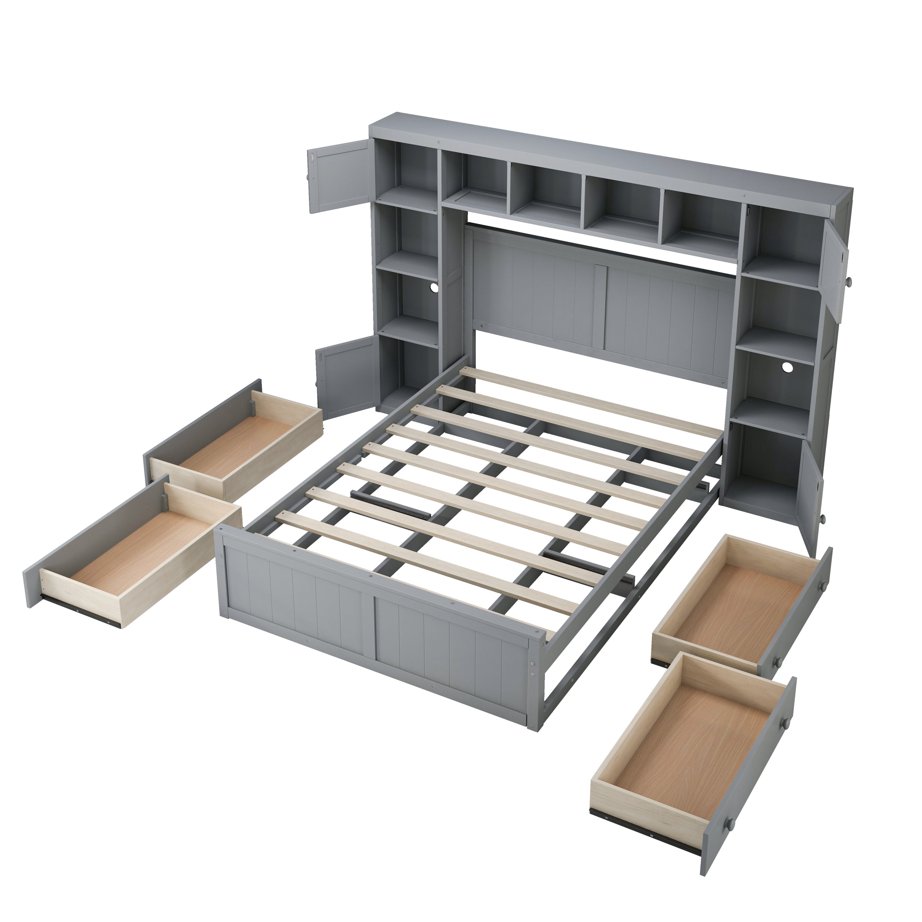 Elegant and Functional Full Size Wood Bed with 4 Drawers and All-in-One Cabinet and Shelf, Grey