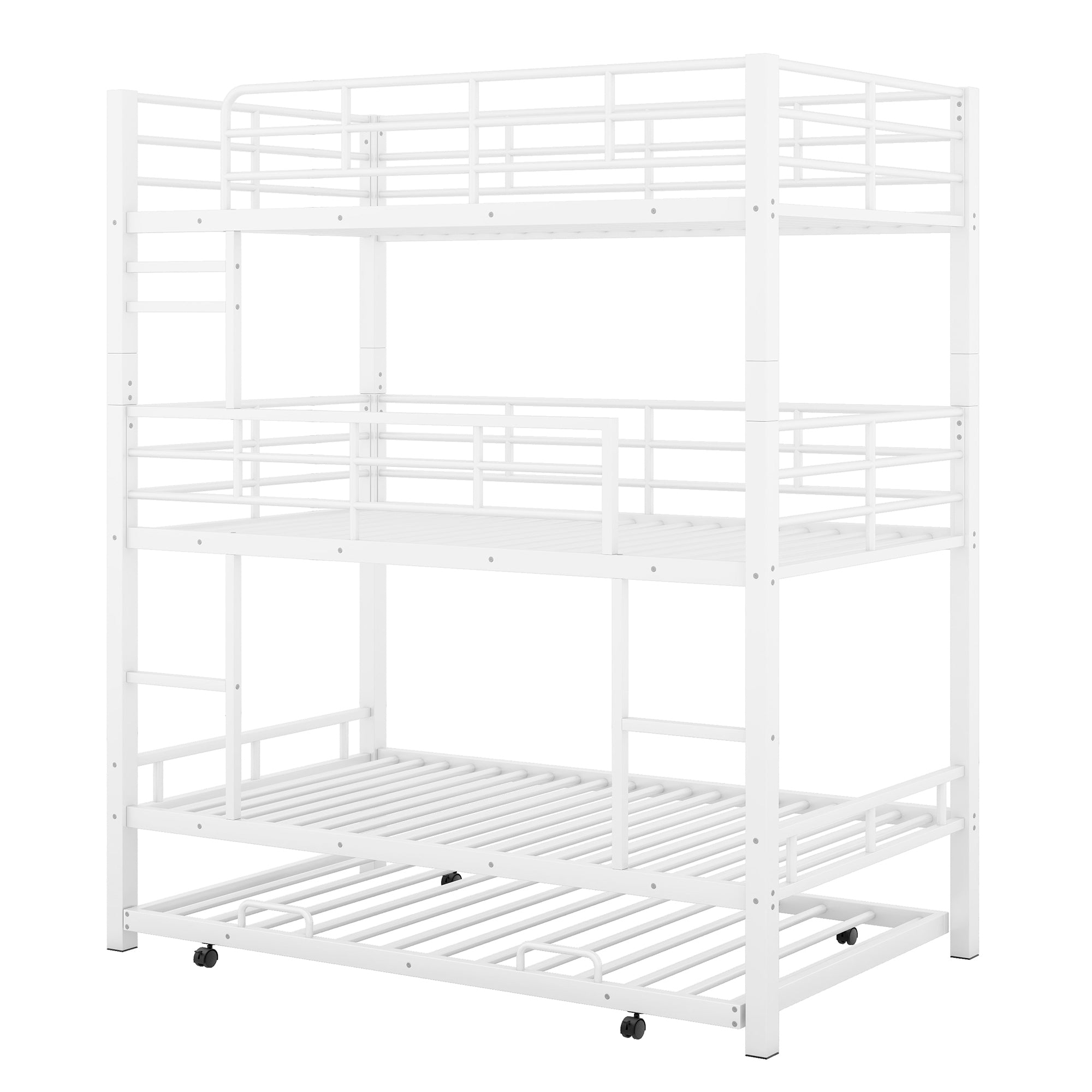 Metal Twin Size Triple Bunk Bed With Trundle, White
