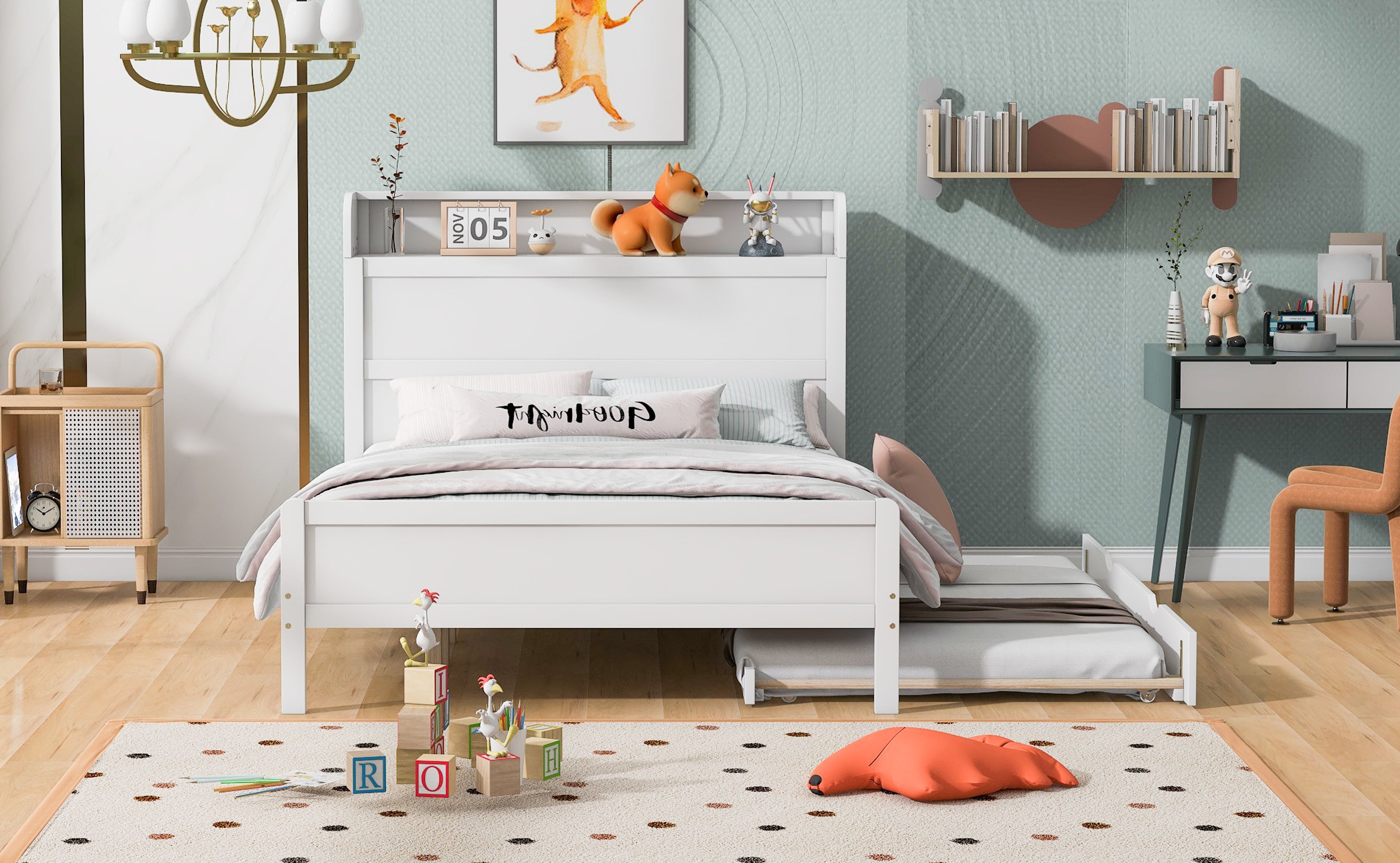 Full Size Platform Bed with Storage Headboard and Twin Size Trundle, White - Atlantic Fine Furniture Melbourne FL
