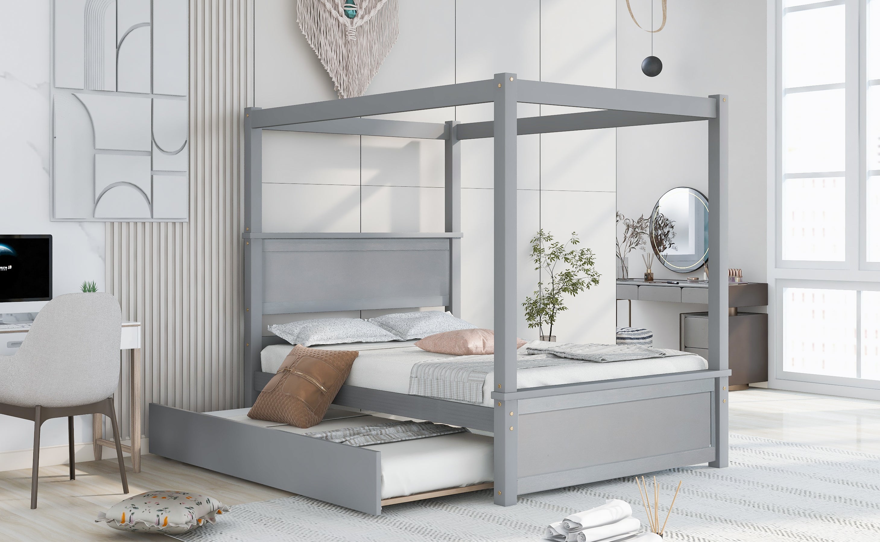 Wood Canopy Bed with Trundle Bed ,Full Size Canopy Platform bed With Support Slats .No Box Spring Needed, Brushed Gray - Atlantic Fine Furniture Melbourne FL