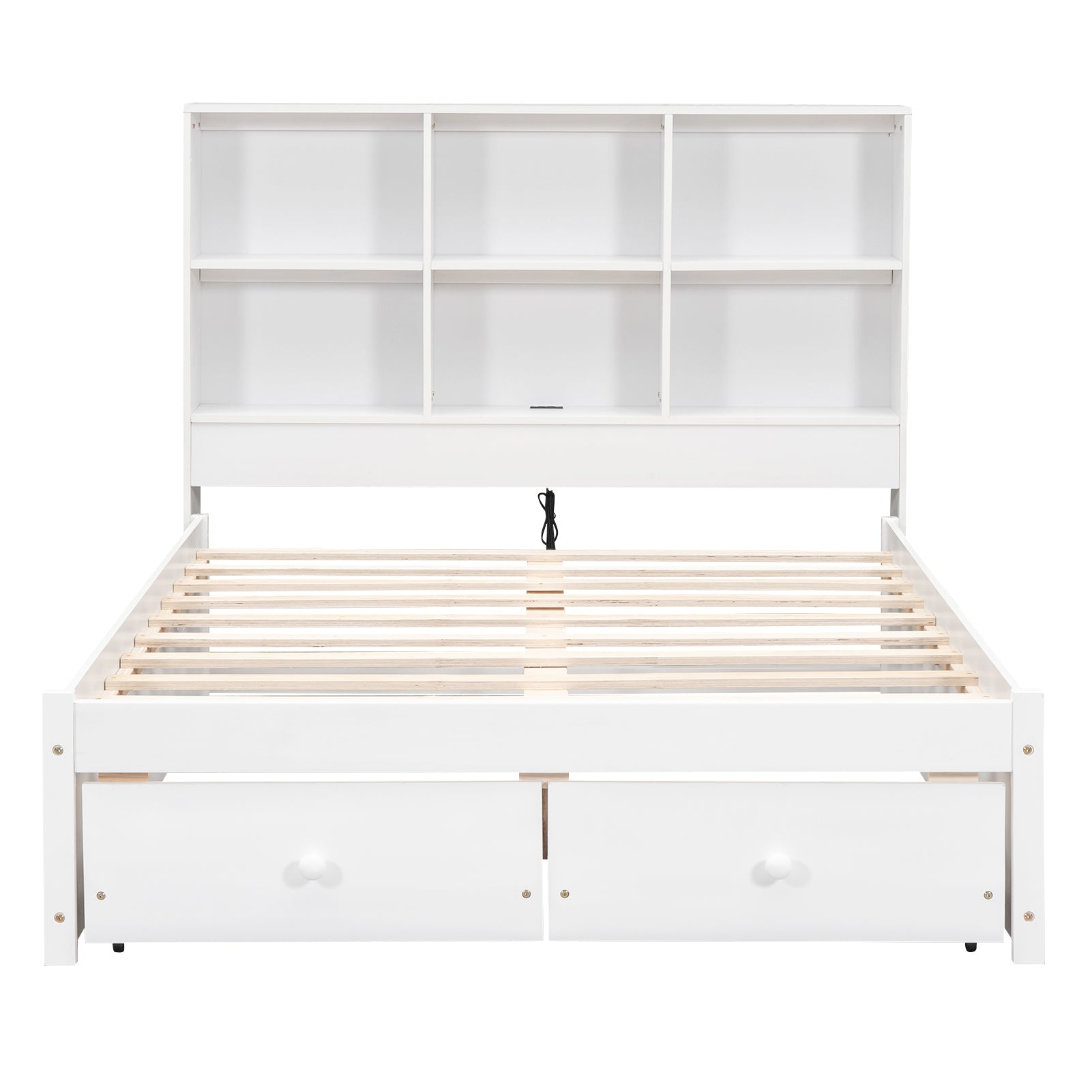 Full Size Platform Bed with Storage Headboard, Charging Station and 2 Drawers, White - Atlantic Fine Furniture Melbourne FL