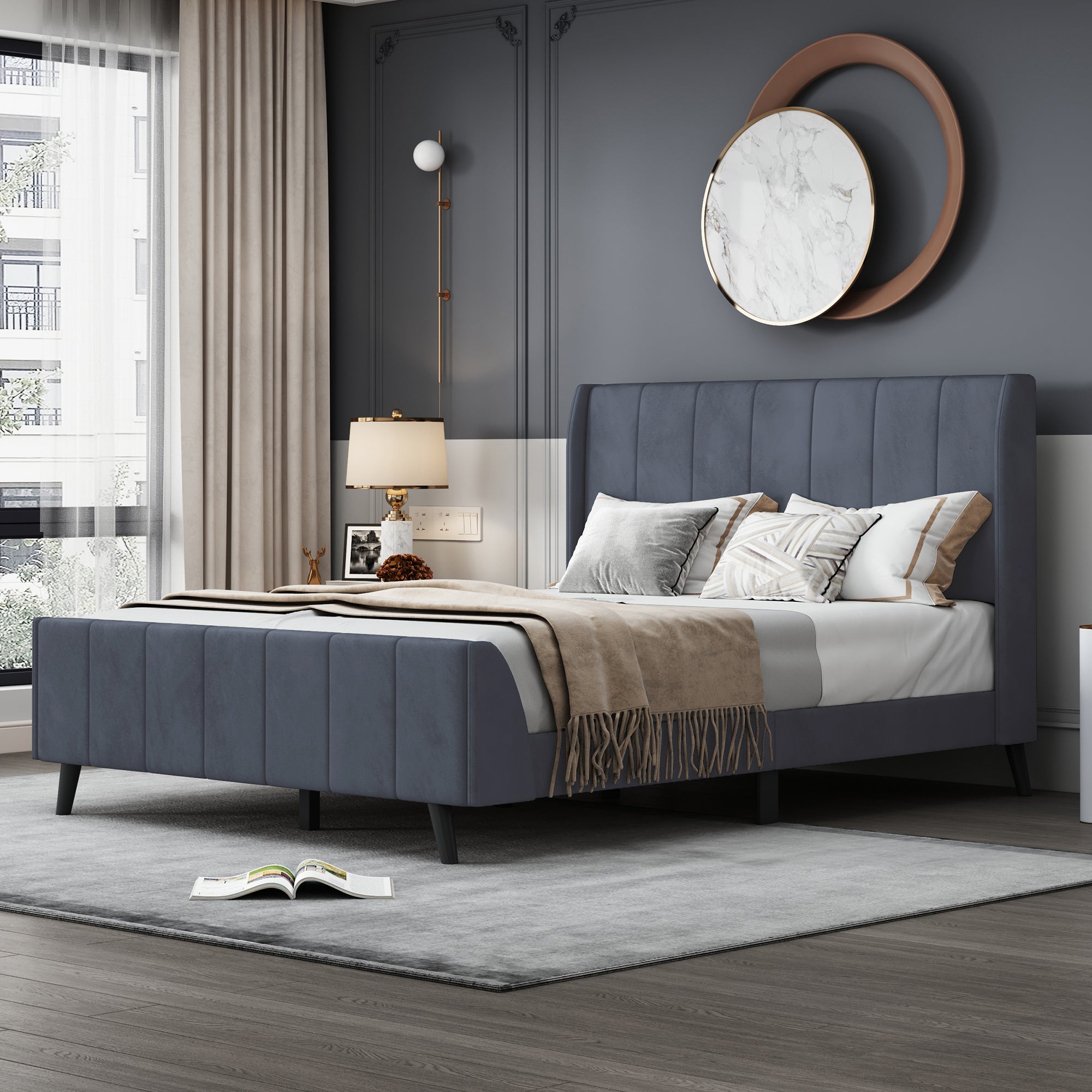 Full Size Upholstered Platform Bed, Velvet, Gray - Atlantic Fine Furniture Melbourne FL