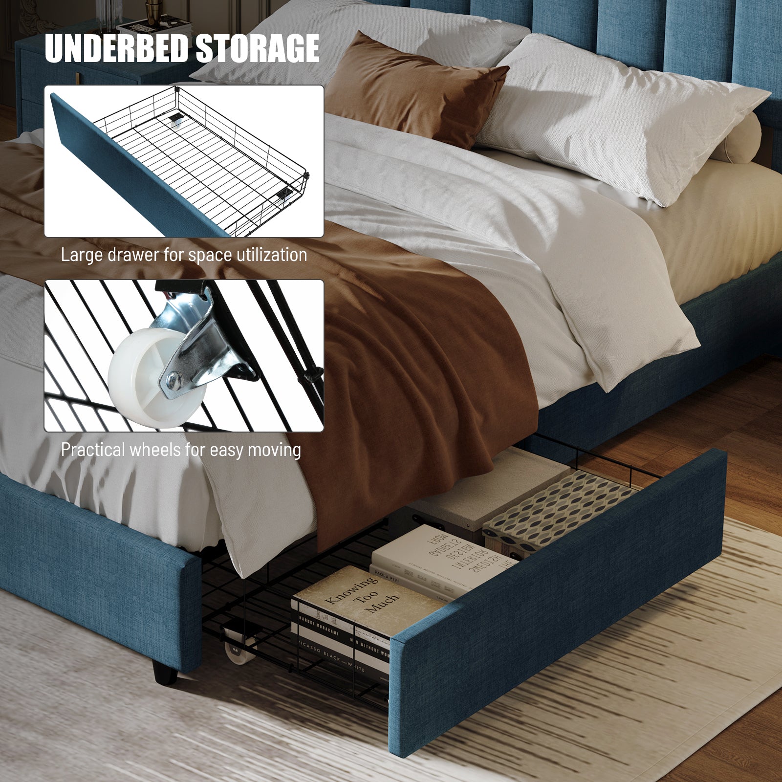 Queen Size Upholstered Platform Bed Linen Bed Frame with 2 Drawers Stitched Padded Headboard with Rivets Design Strong Bed Slats System No Box Spring Needed Blue - Atlantic Fine Furniture Melbourne FL