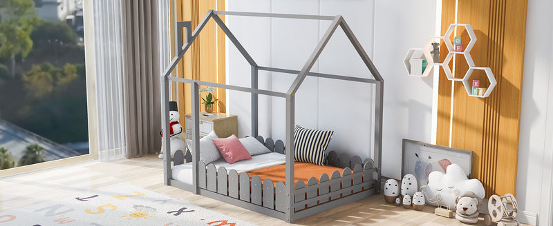 (Slats are not included)Full Size Wood Bed House Bed Frame with Fence, for Kids, Teens, Girls, Boys (Gray )(OLD SKU:WF281294AAE)