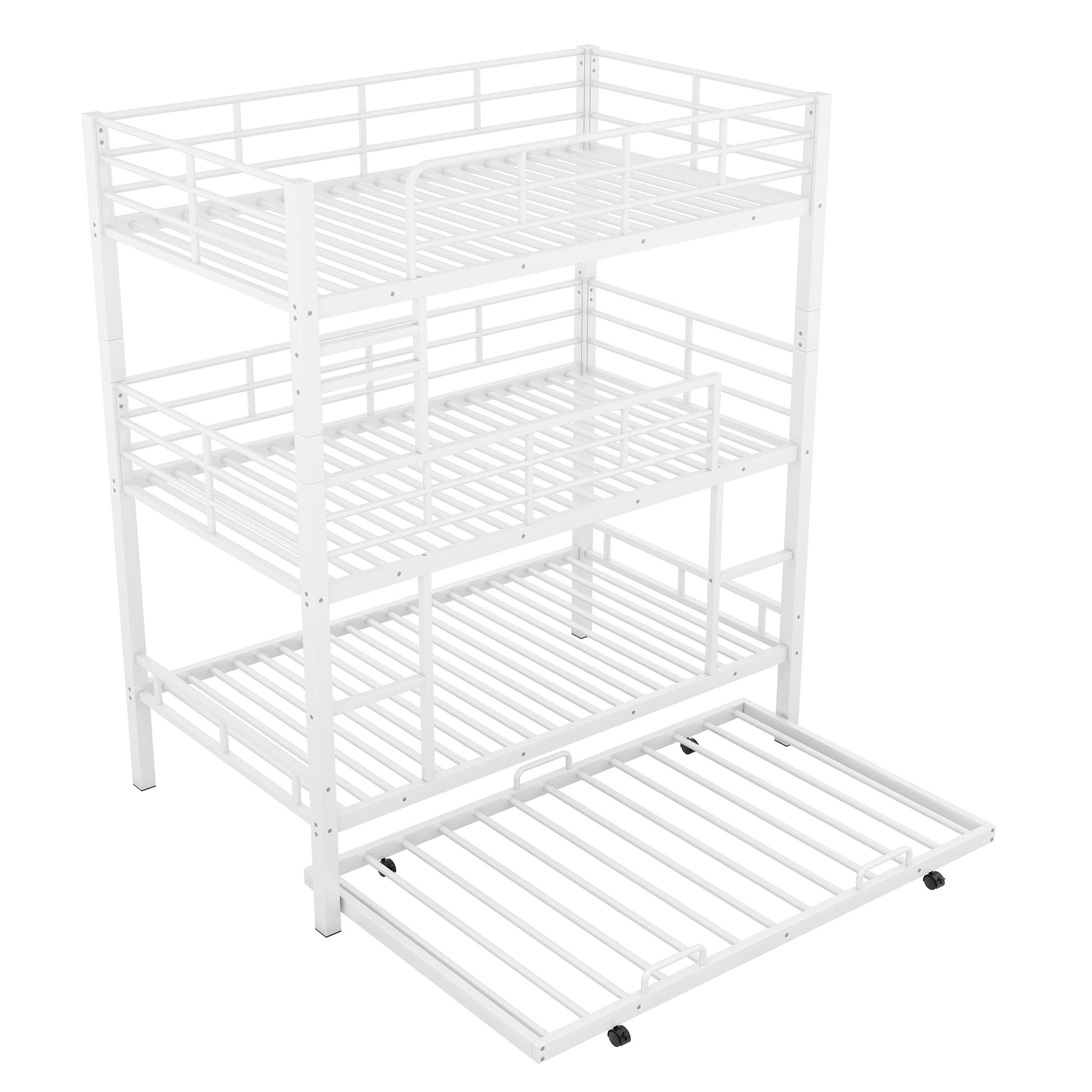 Metal Twin Size Triple Bunk Bed With Trundle, White