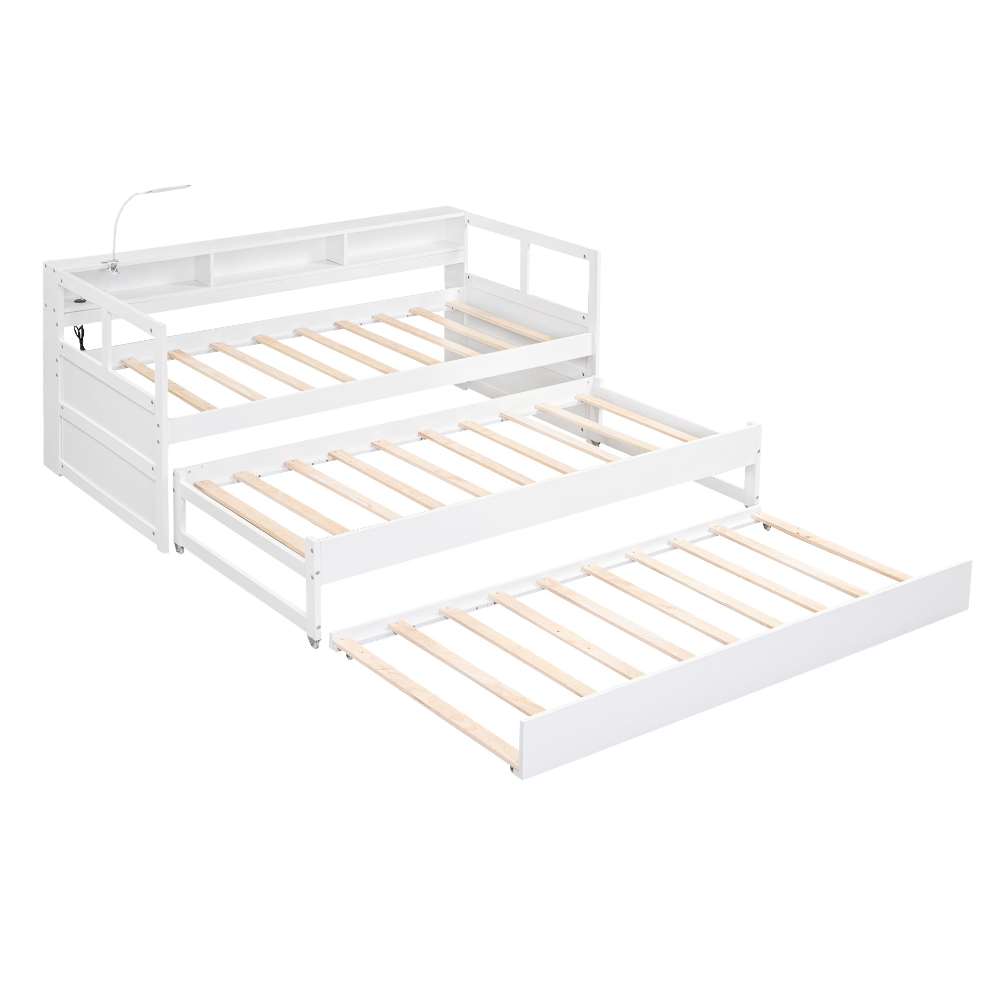 Twin XL Wood Daybed with 2 Trundles, 3 Storage Cubbies, 1 Light for Free and USB Charging Design, White - Atlantic Fine Furniture Melbourne FL