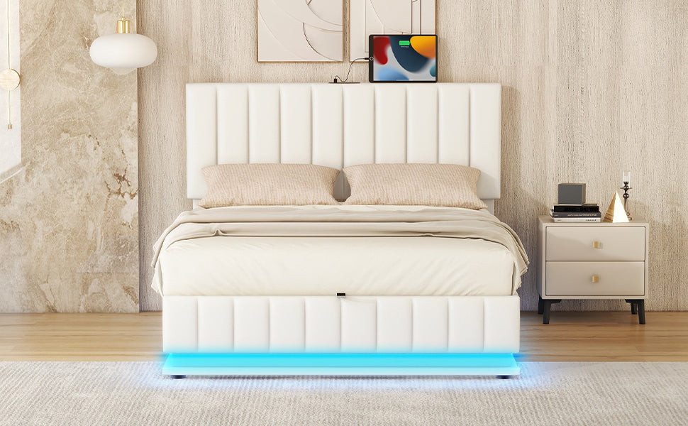 Full Size Upholstered Bed with Hydraulic Storage System and LED Light, Modern Platform Bed with Sockets and USB Ports, White - Atlantic Fine Furniture Melbourne FL