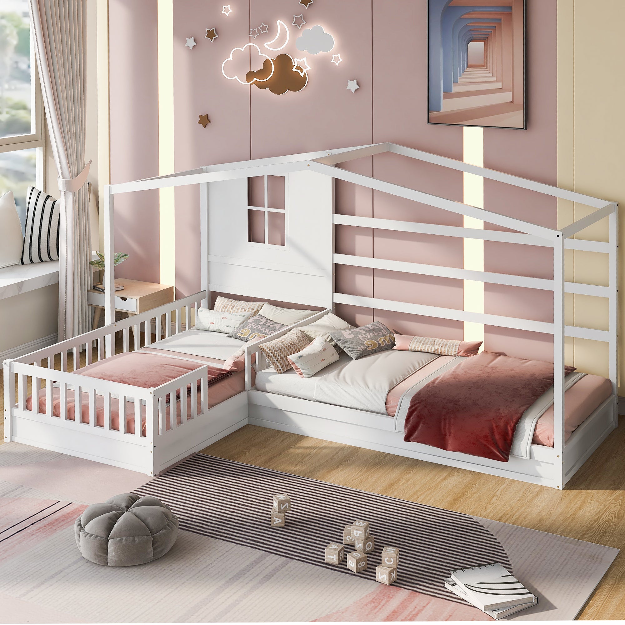 Wood House Bed Twin Size, 2 Twin Solid Bed L structure with fence and slatted frame (White) - Atlantic Fine Furniture Melbourne FL