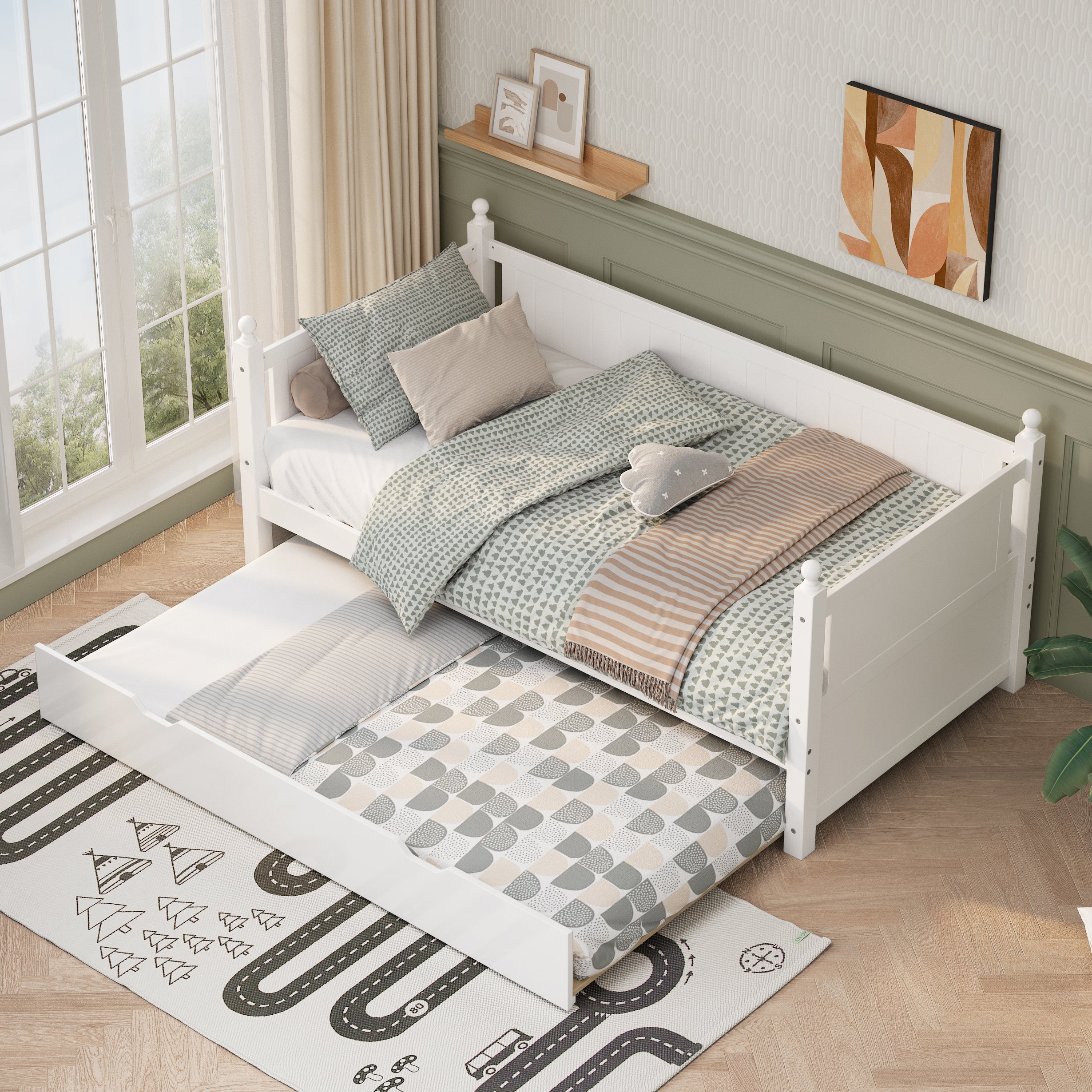 Twin Size Solid Wood Daybed with Trundle for Limited Space Kids, Teens, Adults, No Need Box Spring, White - Atlantic Fine Furniture Melbourne FL