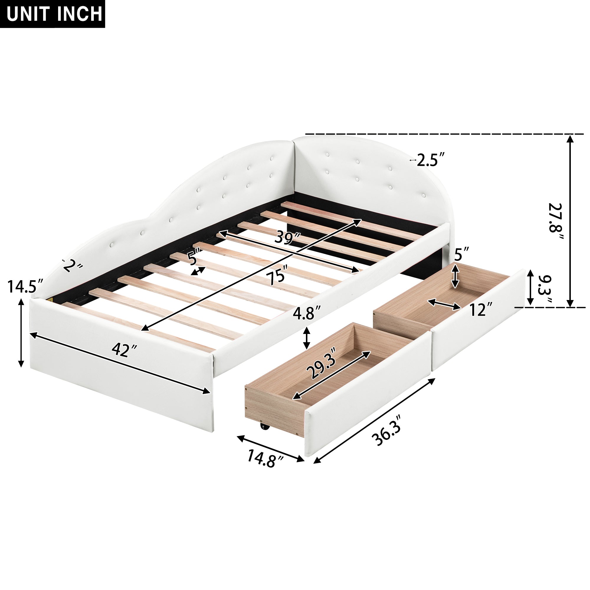 Twin Size PU Upholstered Tufted Daybed with Two Drawers and Cloud Shaped Guardrail, White - Atlantic Fine Furniture Melbourne FL