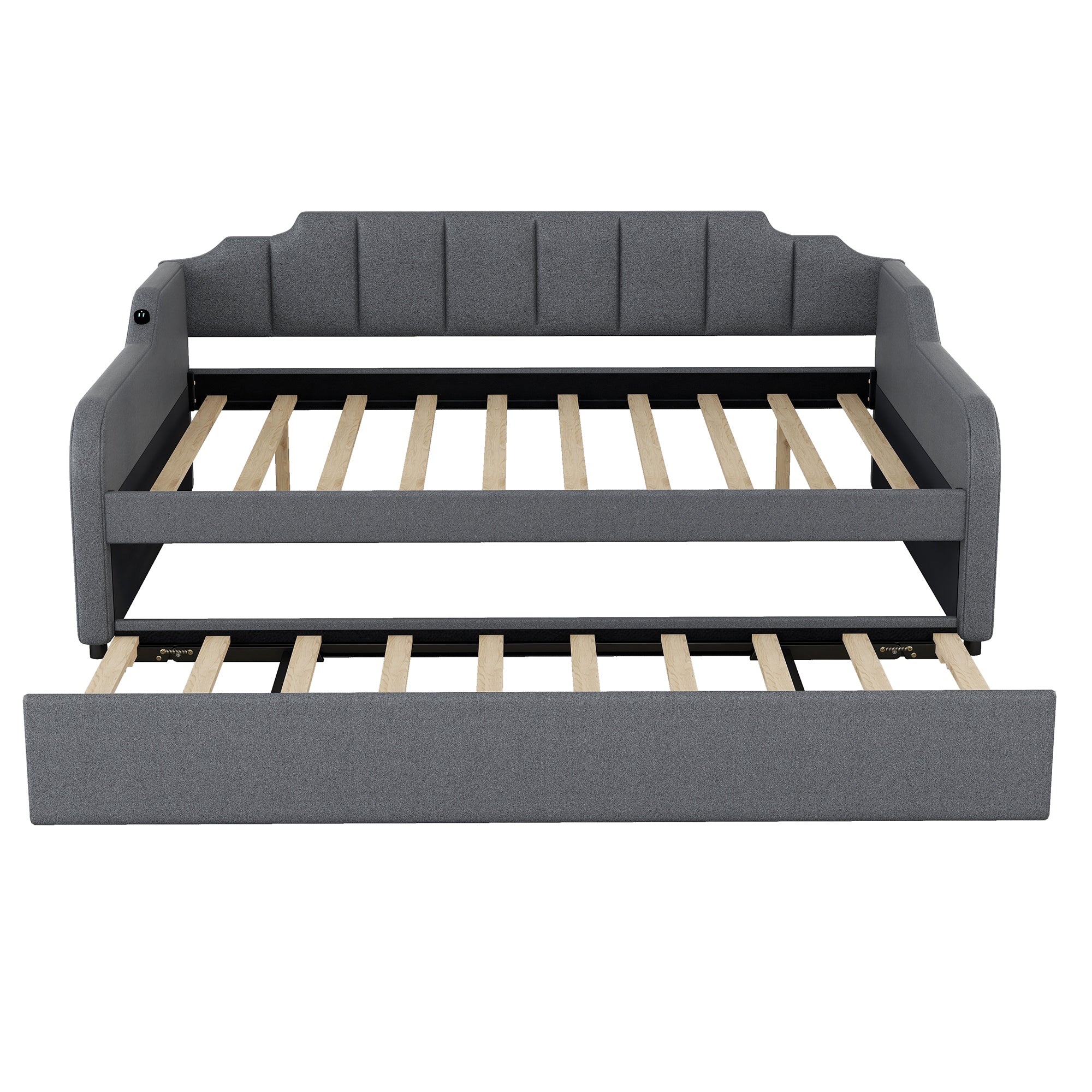 Full Size Upholstery Daybed with Trundle and USB Charging Design,Trundle can be flat or erected,Gray