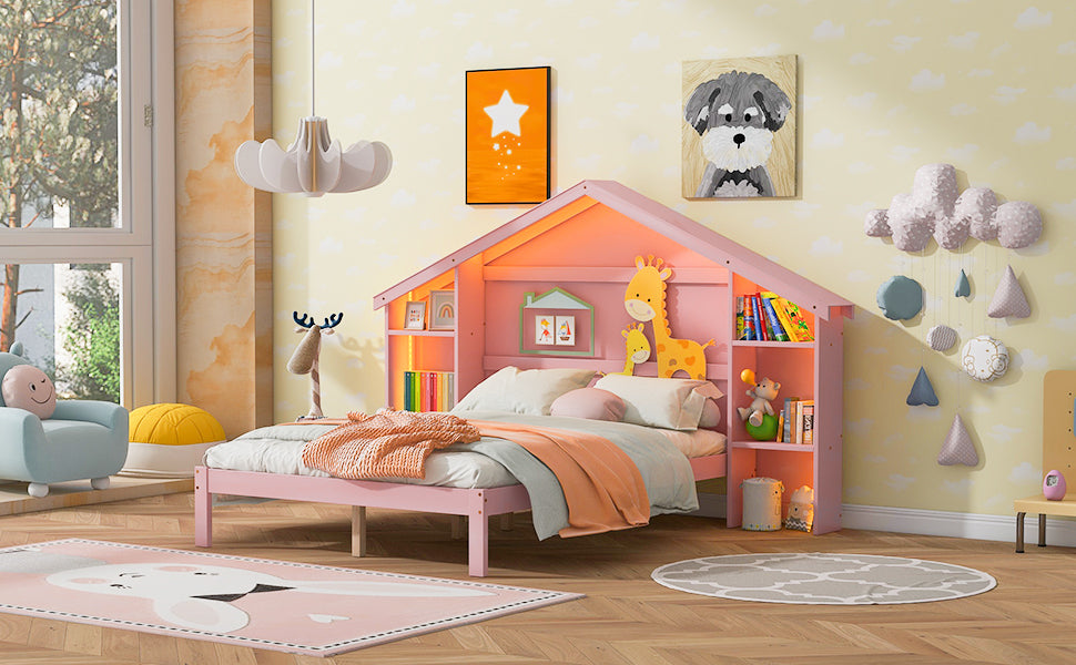 Wood Full Size Platform Bed with House-shaped Storage Headboard and Built-in LED, Pink - Atlantic Fine Furniture Melbourne FL