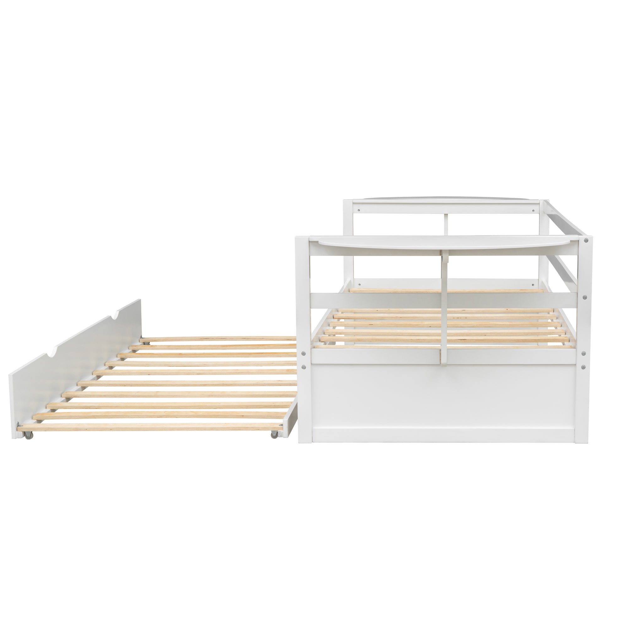 Twin Size Daybed with Trundle and Foldable Shelves on Both Sides,White