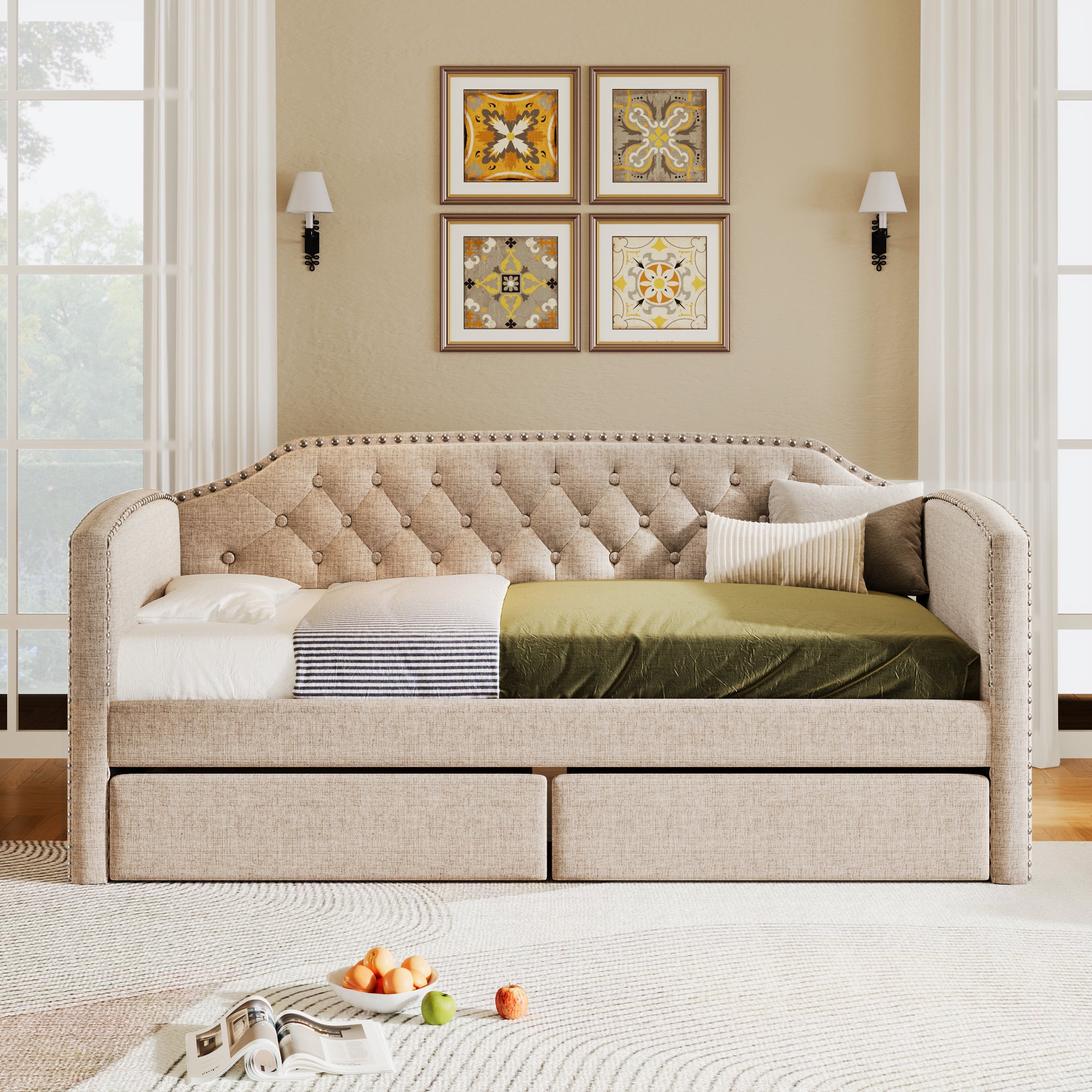 Twin Size Upholstered Daybed with Drawers for Guest Room, Small Bedroom, Study Room, Beige - Atlantic Fine Furniture Melbourne FL