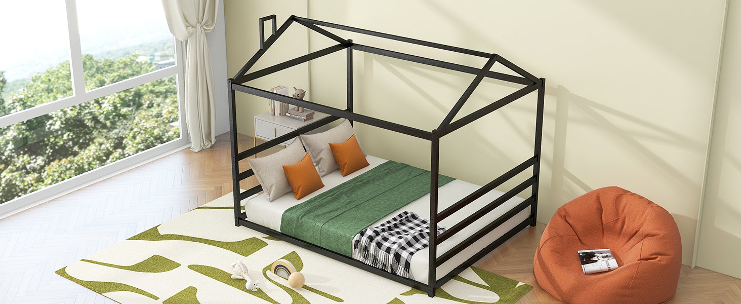 Metal House Shape Platform Bed, Black, Queen - Atlantic Fine Furniture Melbourne FL