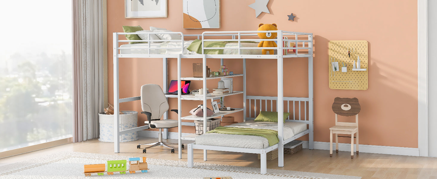 Full Over Twin Metal Bunk Bed with Built-in Desk, Shelves and Ladder, White - Atlantic Fine Furniture Melbourne FL