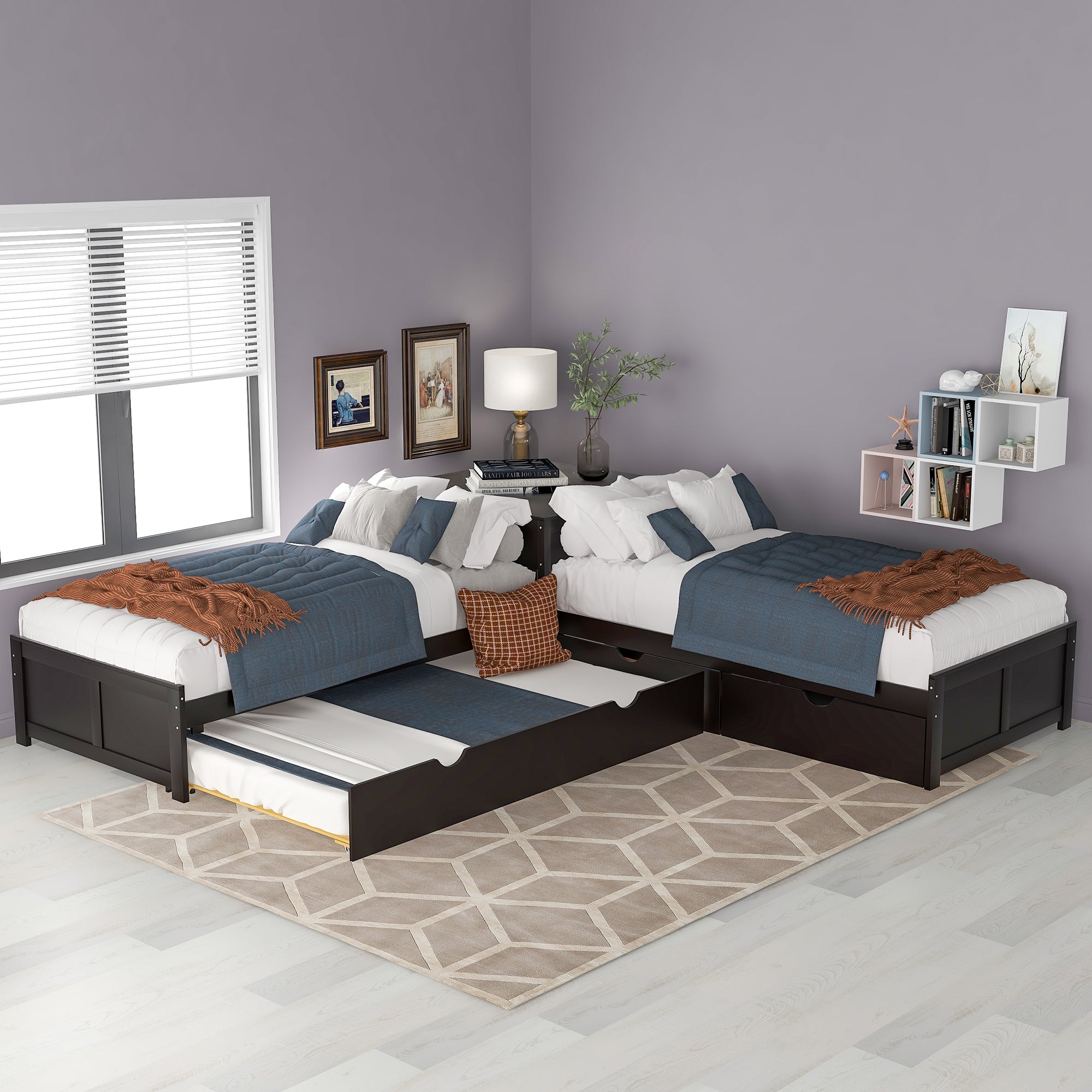 L-shaped Platform Bed with Trundle and Drawers Linked with built-in Desk,Twin,Espresso - Atlantic Fine Furniture Melbourne FL