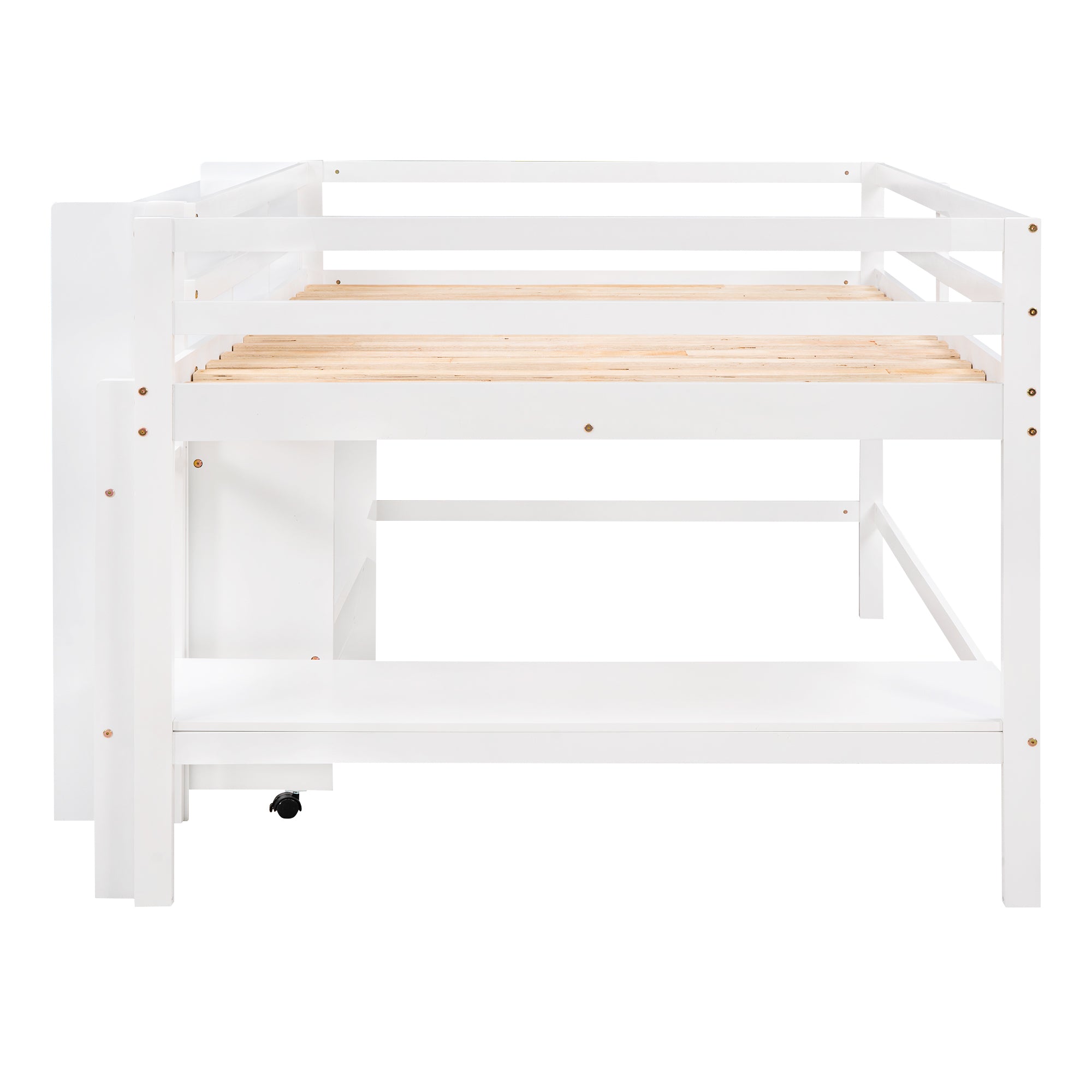Full Size Low Loft Bed with Rolling Portable Desk, Drawers and Shelves, White(Old SKU: GX000711AAK)