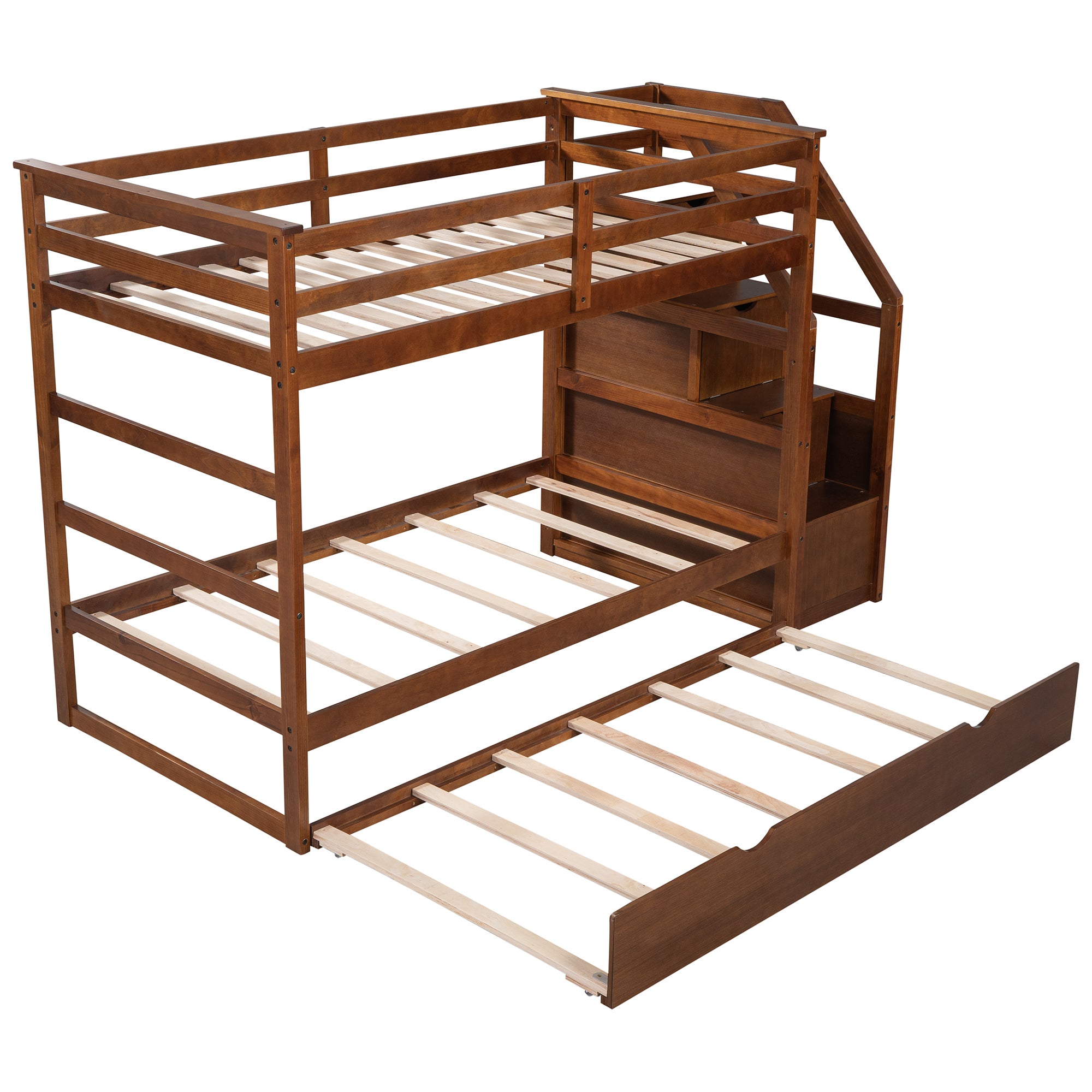 Twin-Over-Twin Bunk Bed with Twin Size Trundle and 3 Storage Stairs,Walnut (OLD SKU :LP000064AAD) - Atlantic Fine Furniture Melbourne FL