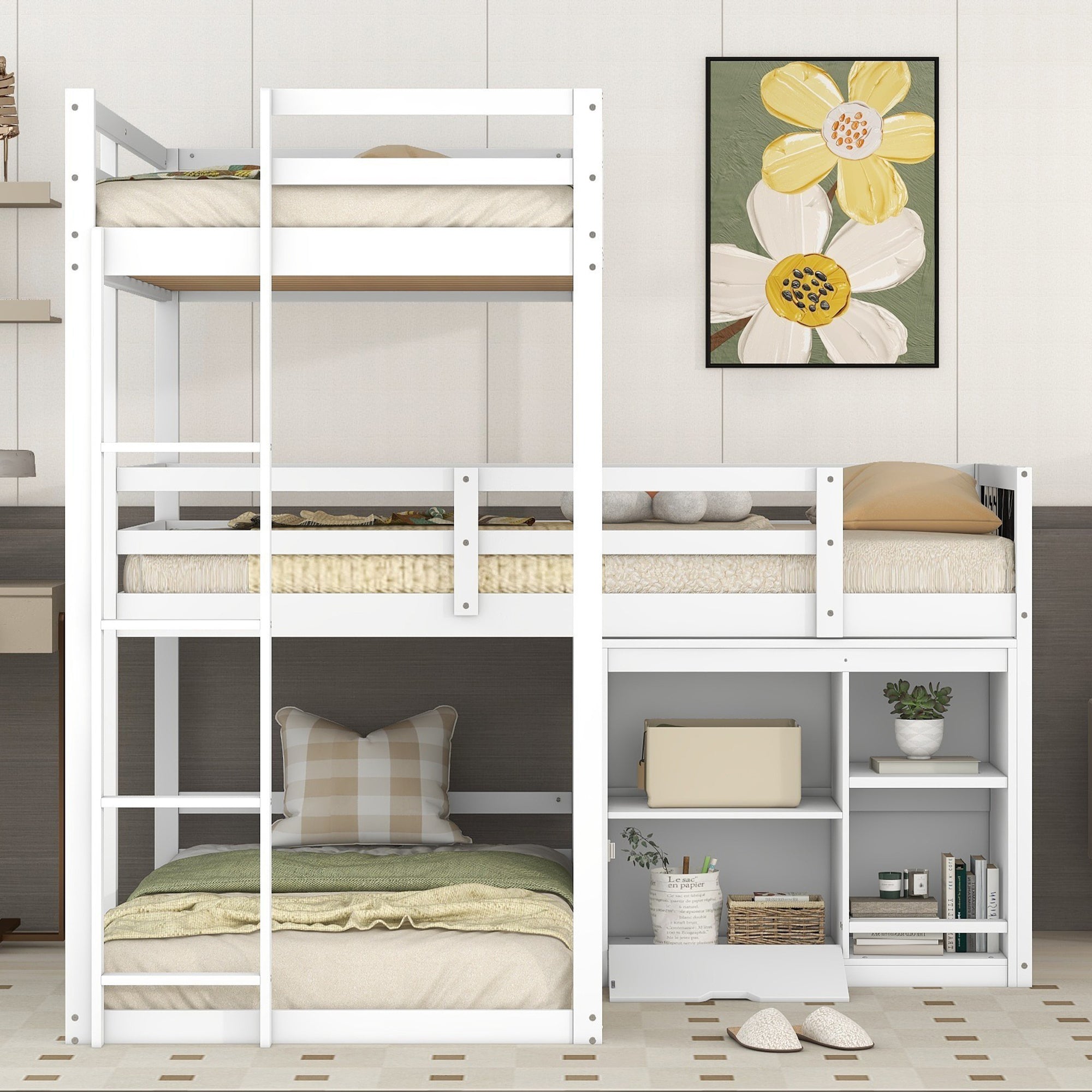 L-shaped Wood Triple Twin Size Bunk Bed with Storage Cabinet and Blackboard, Ladder, White